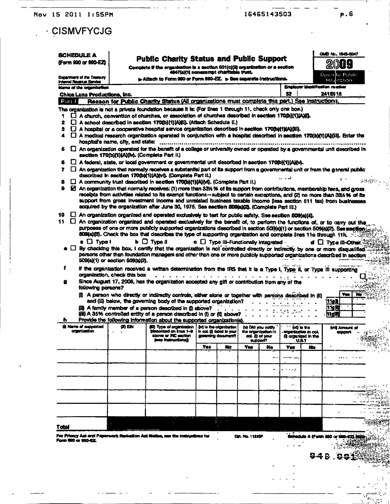 Image of first page of 2009 Form 990R for Chica Luna Productions