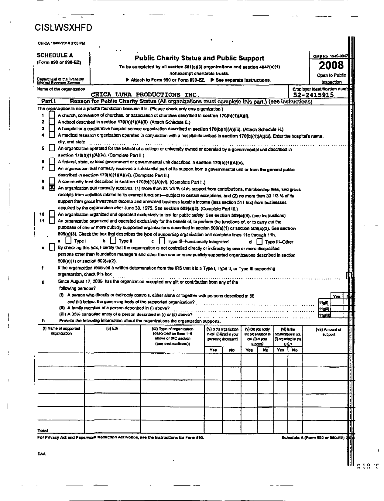 Image of first page of 2008 Form 990R for Chica Luna Productions