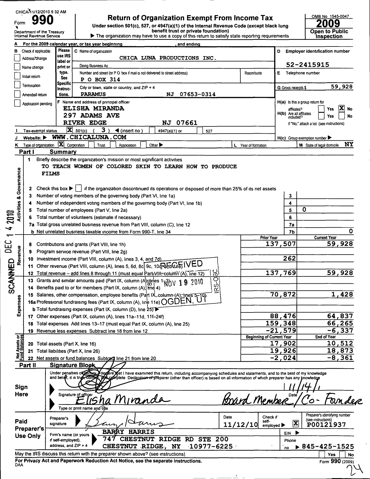 Image of first page of 2009 Form 990 for Chica Luna Productions