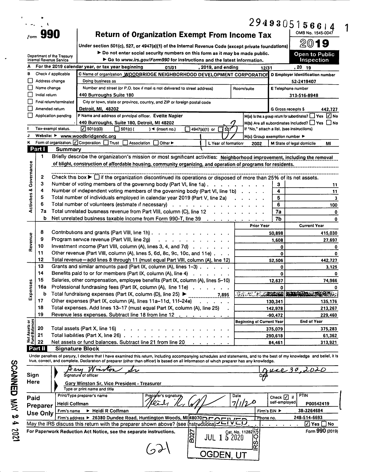 Image of first page of 2019 Form 990 for Woodbridge Neighborhood Development Corporation