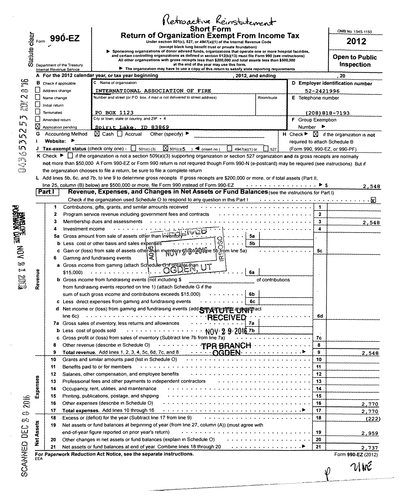 Image of first page of 2015 Form 990EO for International Association of Fire / L4336 Spirit Lake