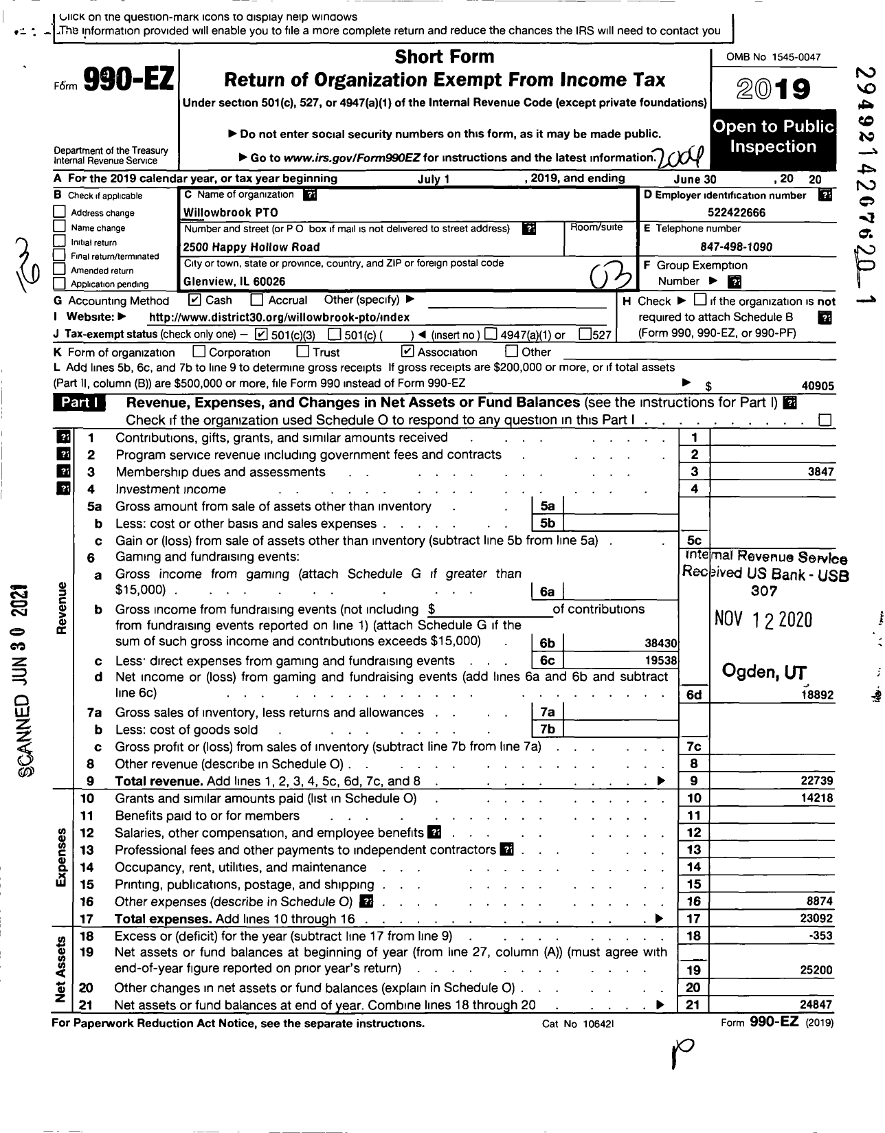 Image of first page of 2019 Form 990EZ for Willowbrook School Pto