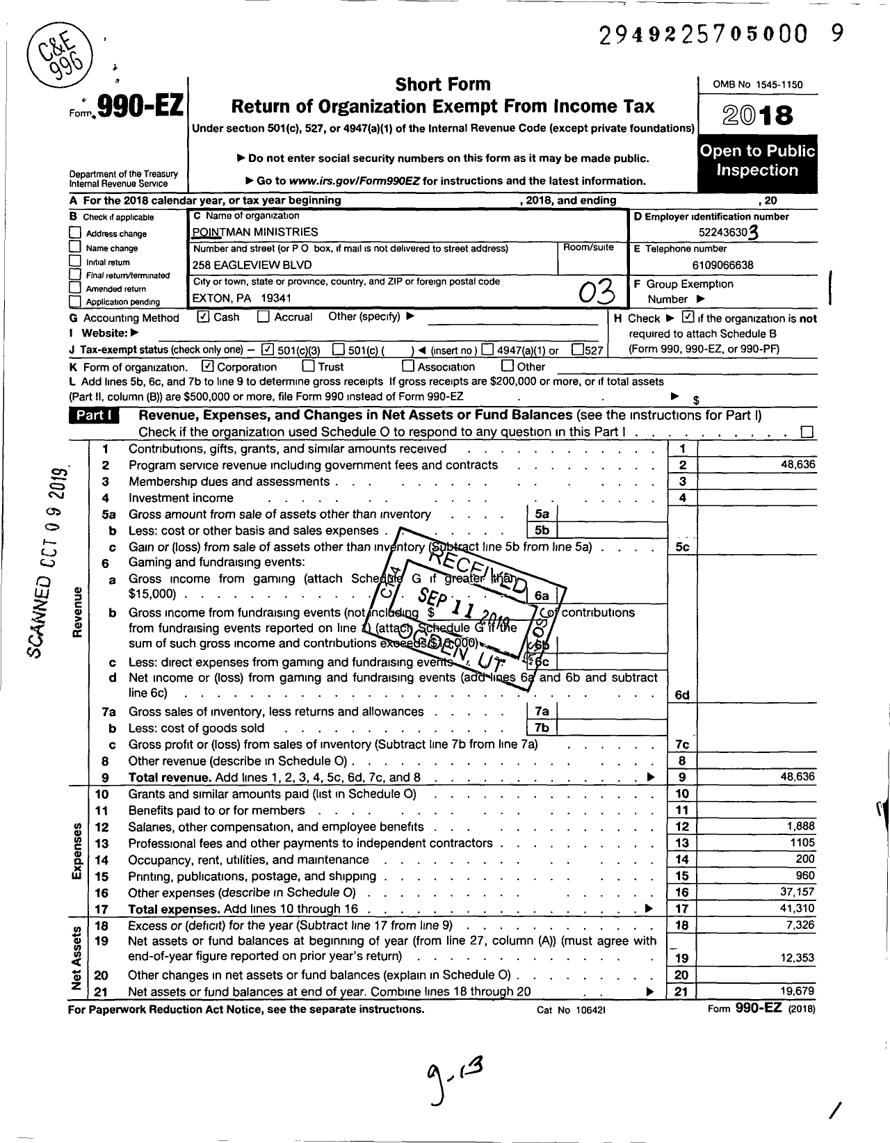 Image of first page of 2018 Form 990EZ for Pointman Ministries