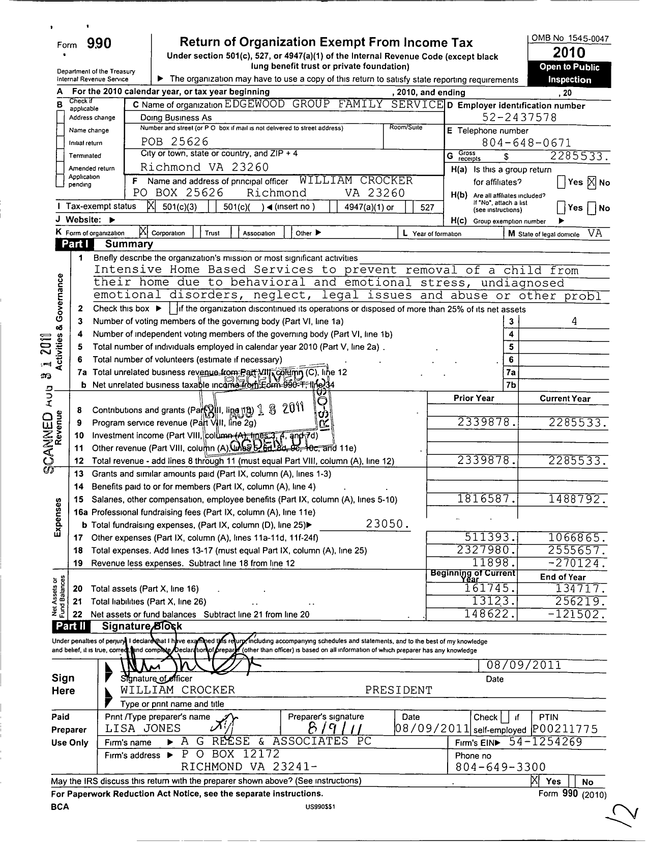 Image of first page of 2010 Form 990 for Edgewood Group Family Services