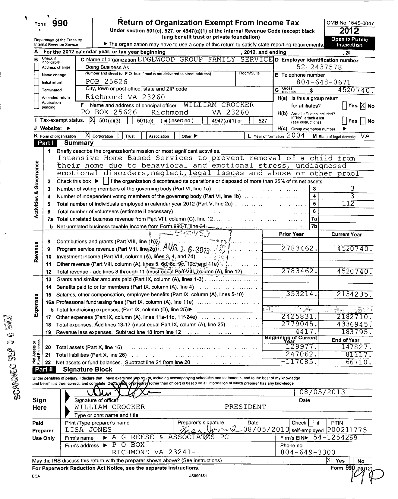 Image of first page of 2012 Form 990 for Edgewood Group Family Services