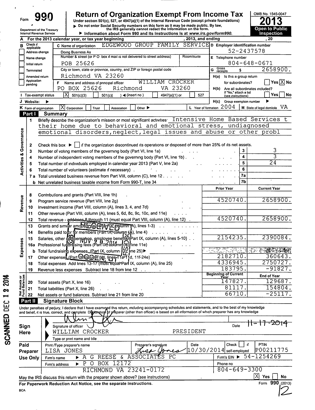 Image of first page of 2013 Form 990 for Edgewood Group Family Services