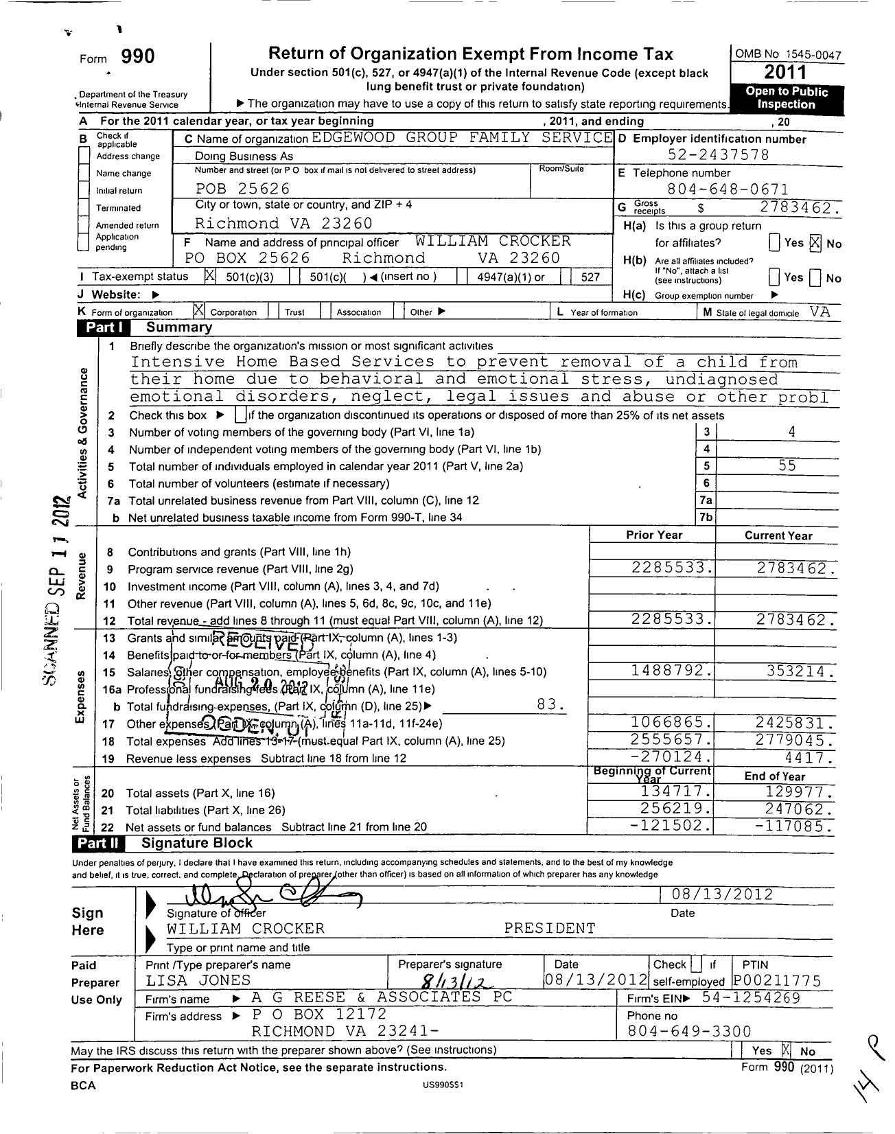 Image of first page of 2011 Form 990 for Edgewood Group Family Services