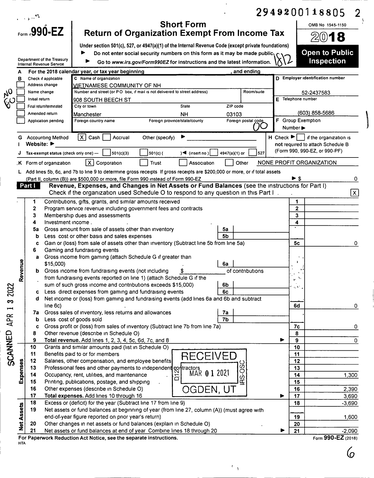 Image of first page of 2018 Form 990EO for Vietnamese Community of New Hampshire