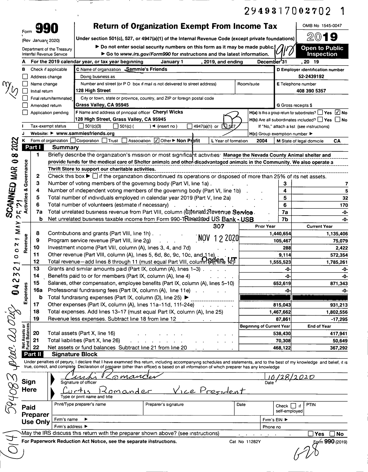 Image of first page of 2019 Form 990 for Sammies Friends