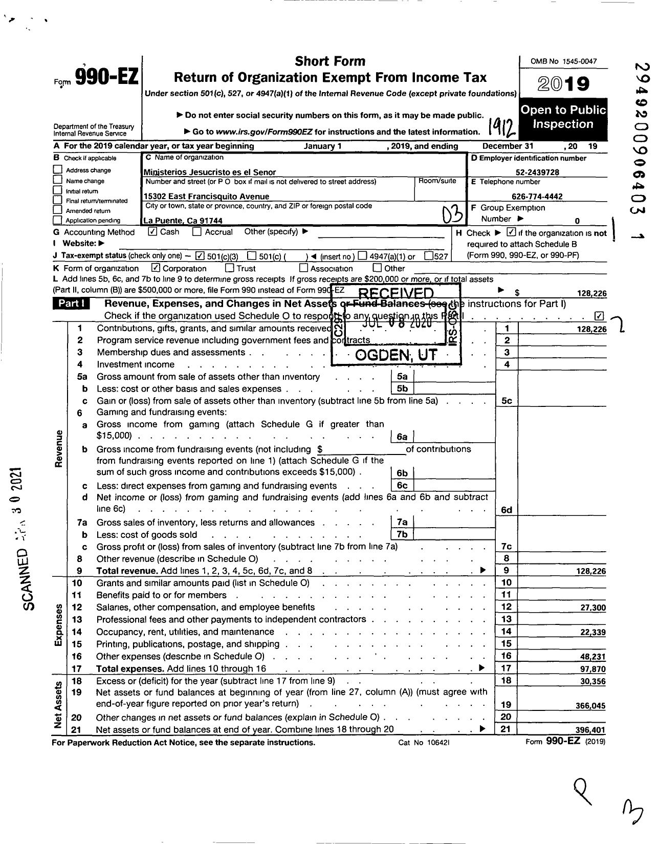 Image of first page of 2019 Form 990EZ for Ministerios Jesucristo es el Senor