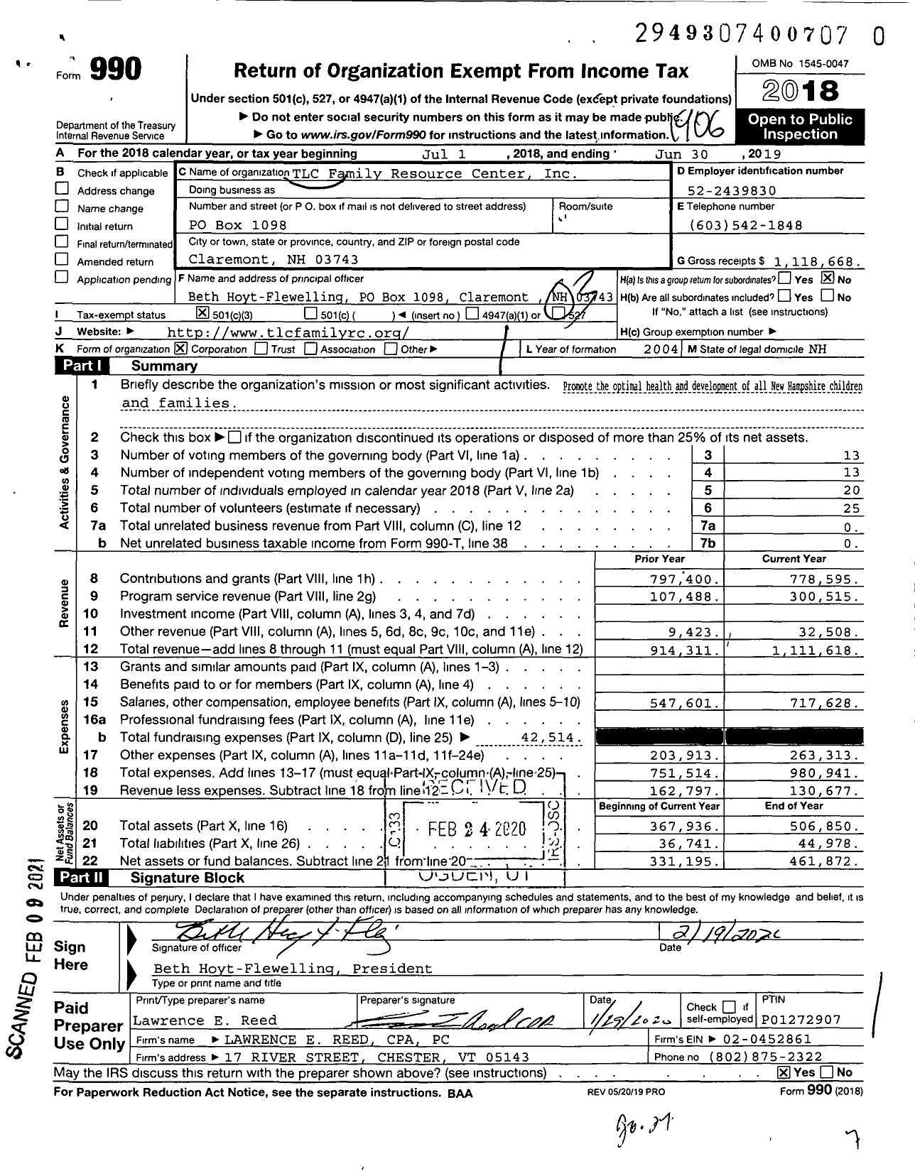 Image of first page of 2018 Form 990 for TLC Family Resource Center