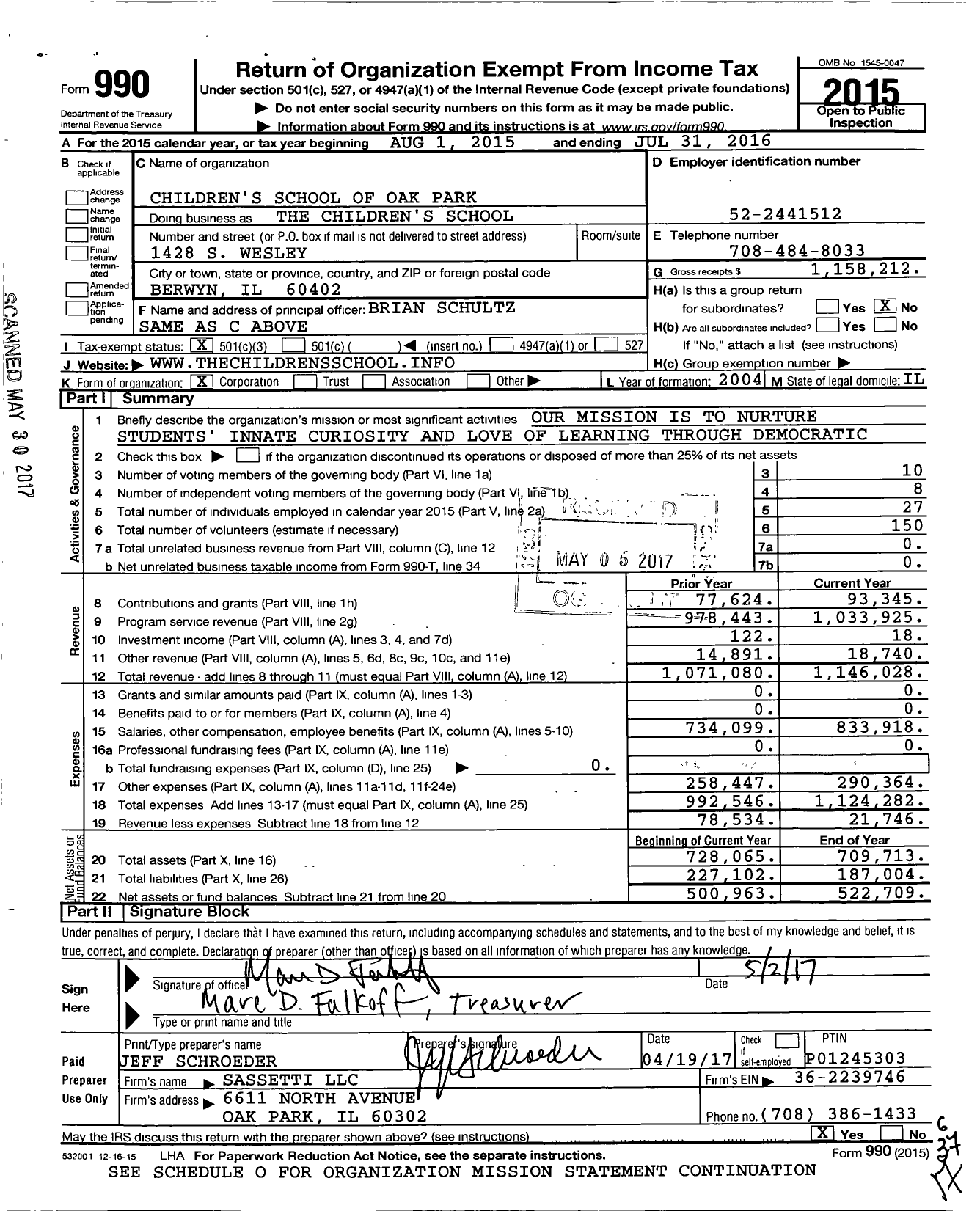 Image of first page of 2015 Form 990 for The Children's School