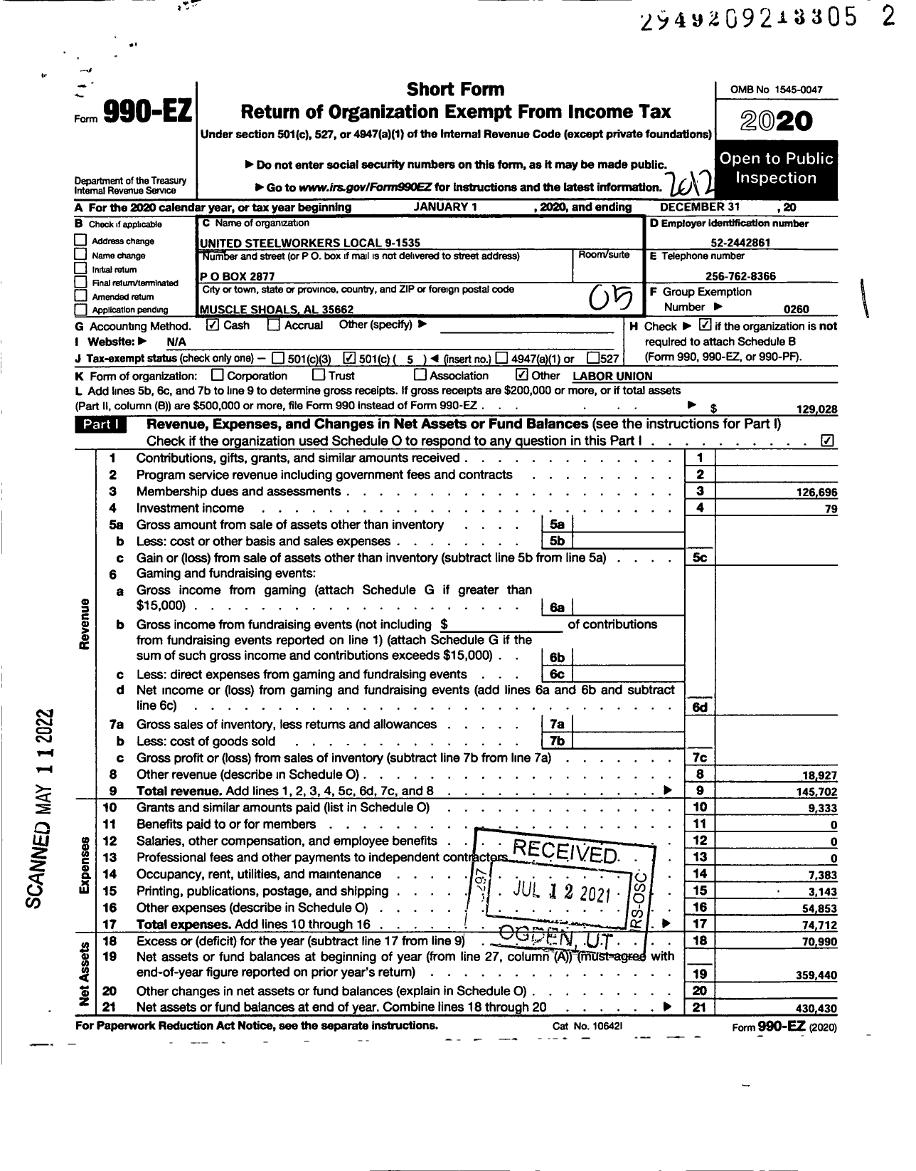 Image of first page of 2020 Form 990EO for United Steelworkers - Local Union 1535