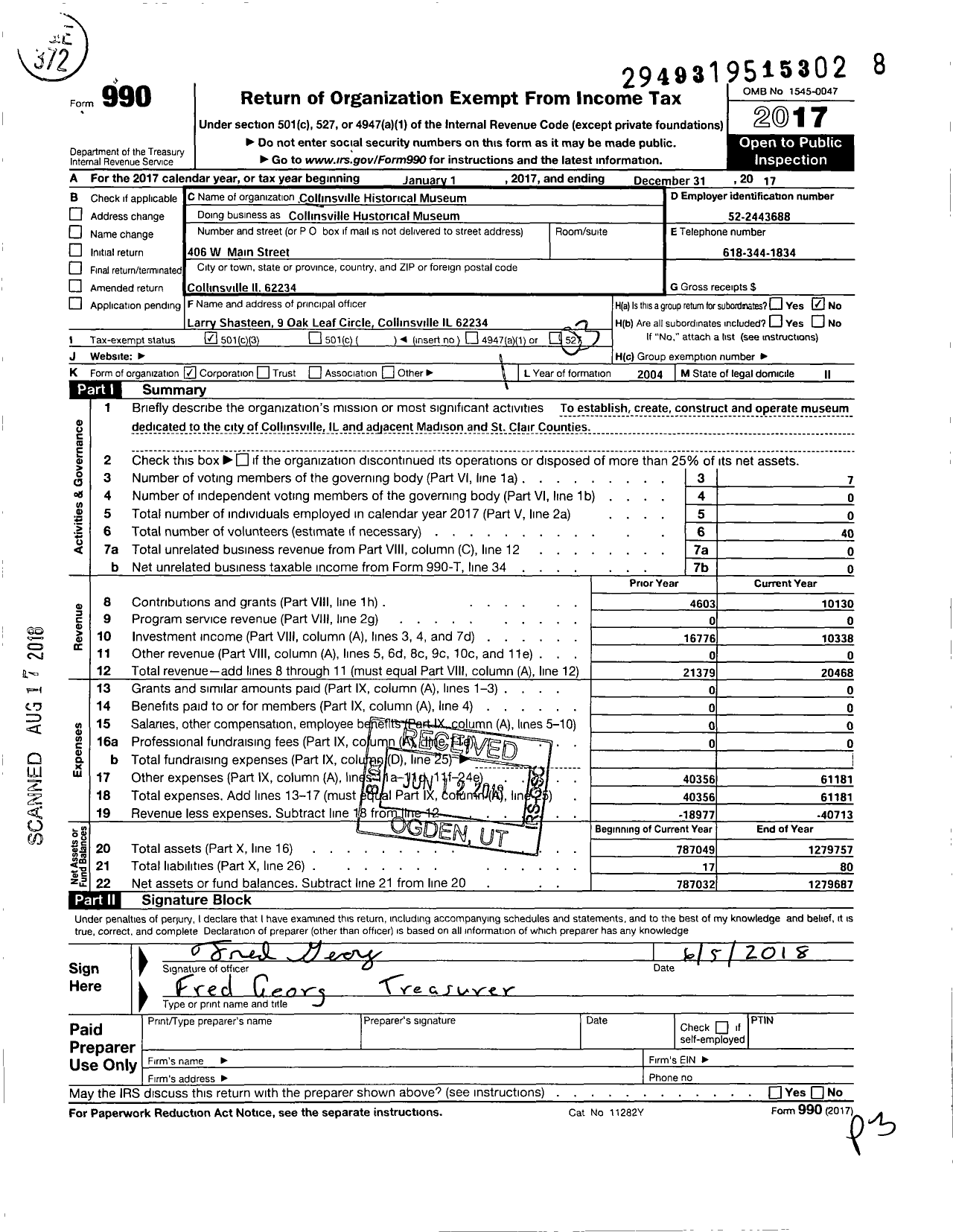 Image of first page of 2017 Form 990 for Collinsville Historical Museum