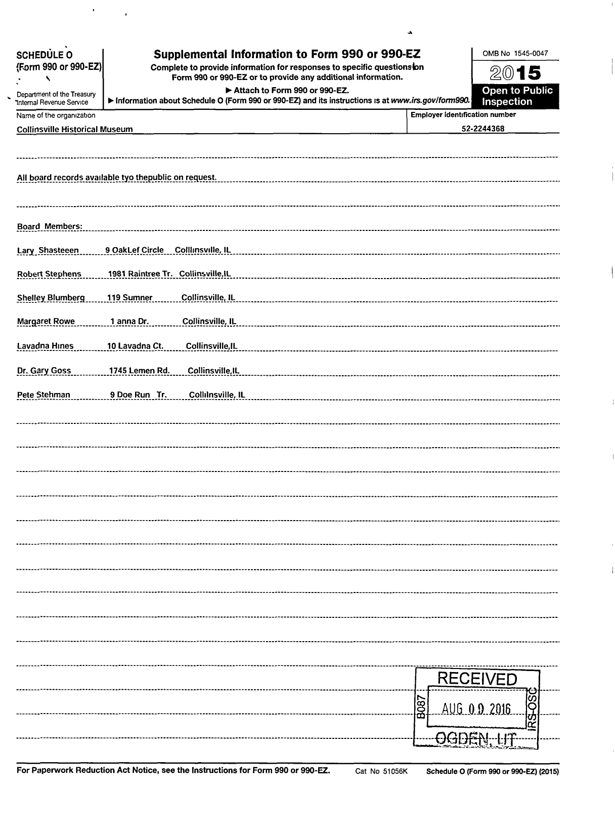 Image of first page of 2015 Form 990R for Collinsville Historical Museum