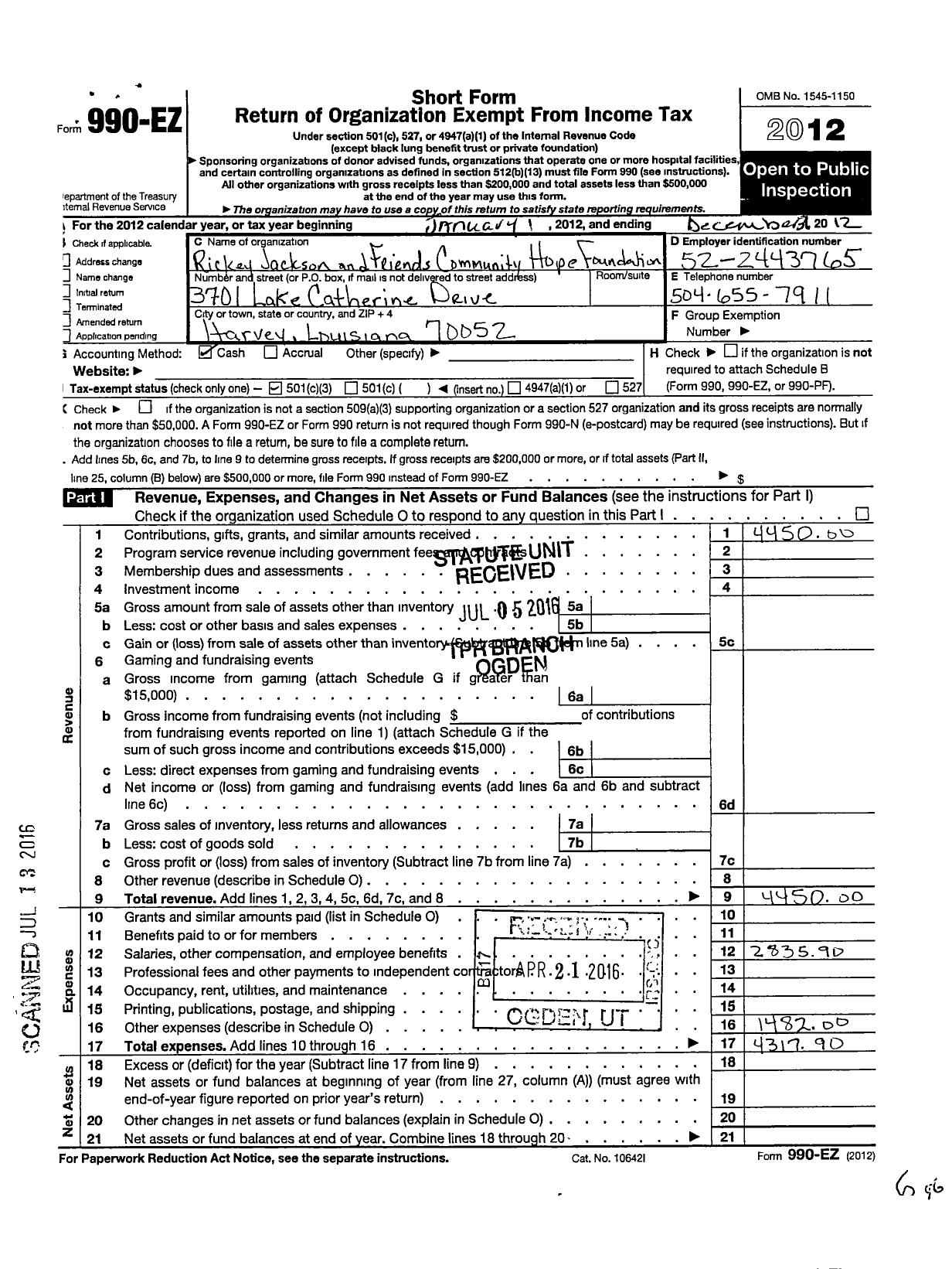 Image of first page of 2012 Form 990EZ for Rickey Jackson and Friends Community Hope Foundation