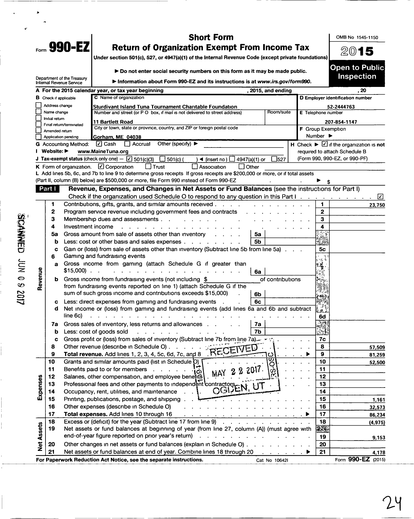 Image of first page of 2015 Form 990EZ for Sturdivant Island Tuna Tournament Charitable Foundation