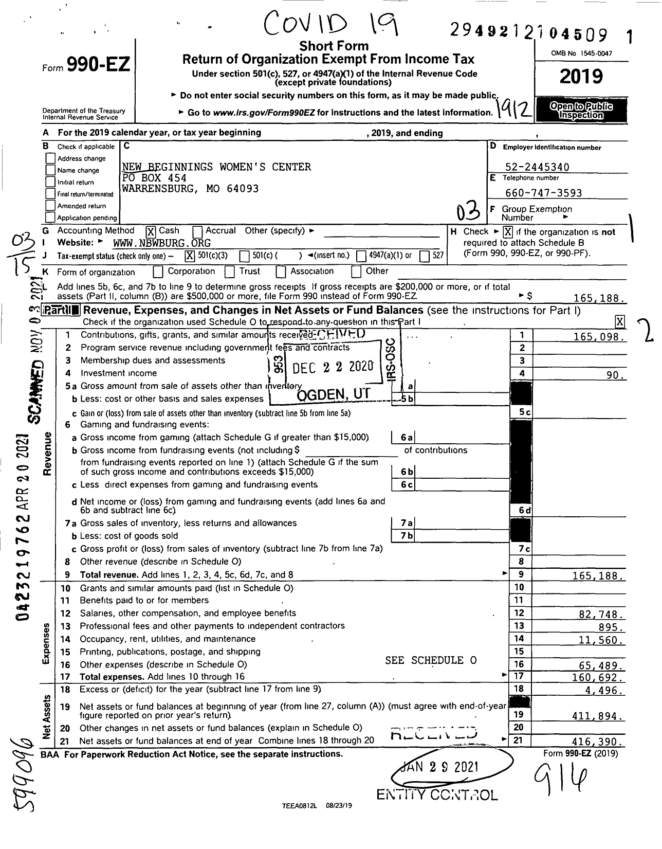 Image of first page of 2019 Form 990EZ for New Beginnings Womens Center