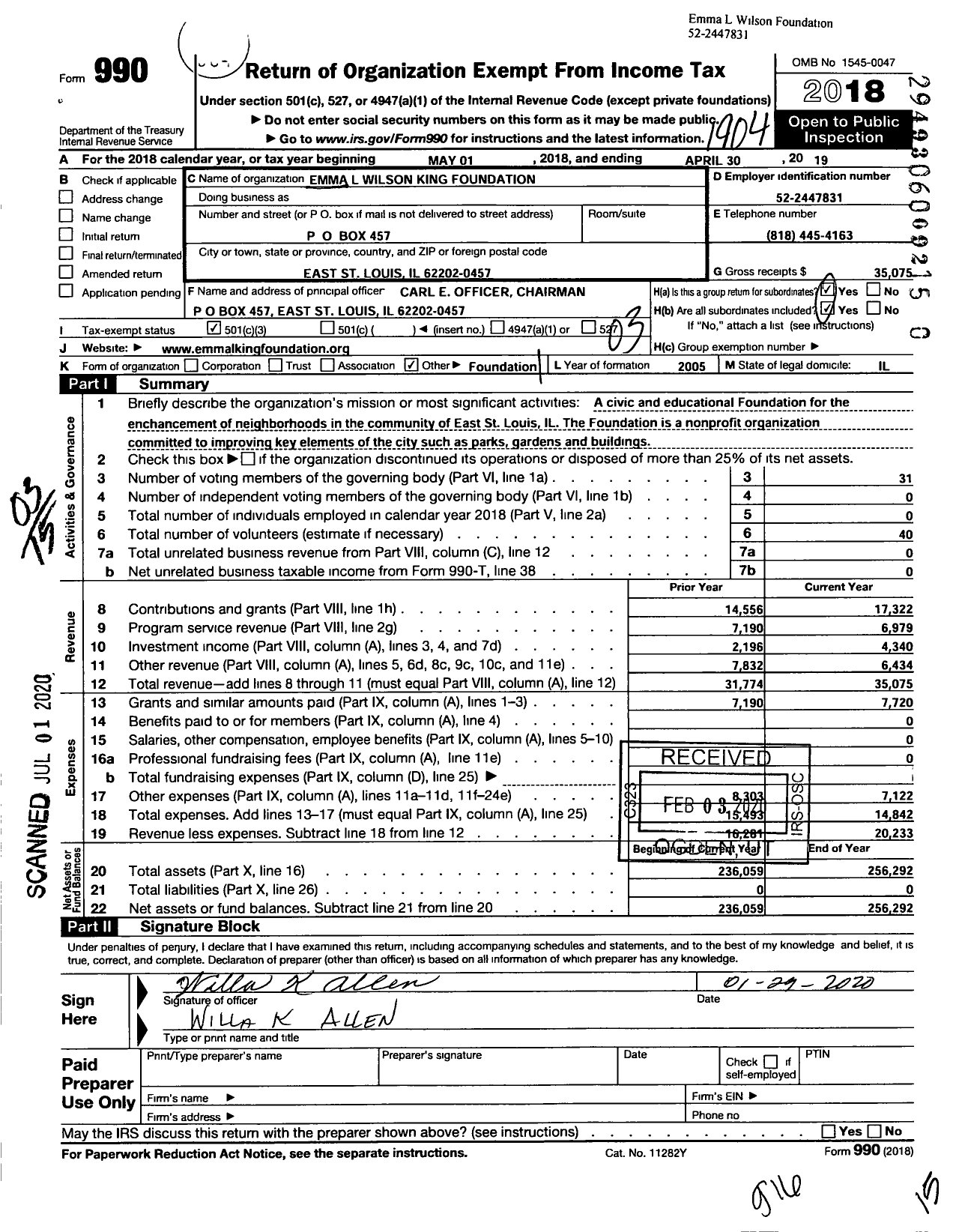 Image of first page of 2018 Form 990 for Emma L Wilson King Foundation