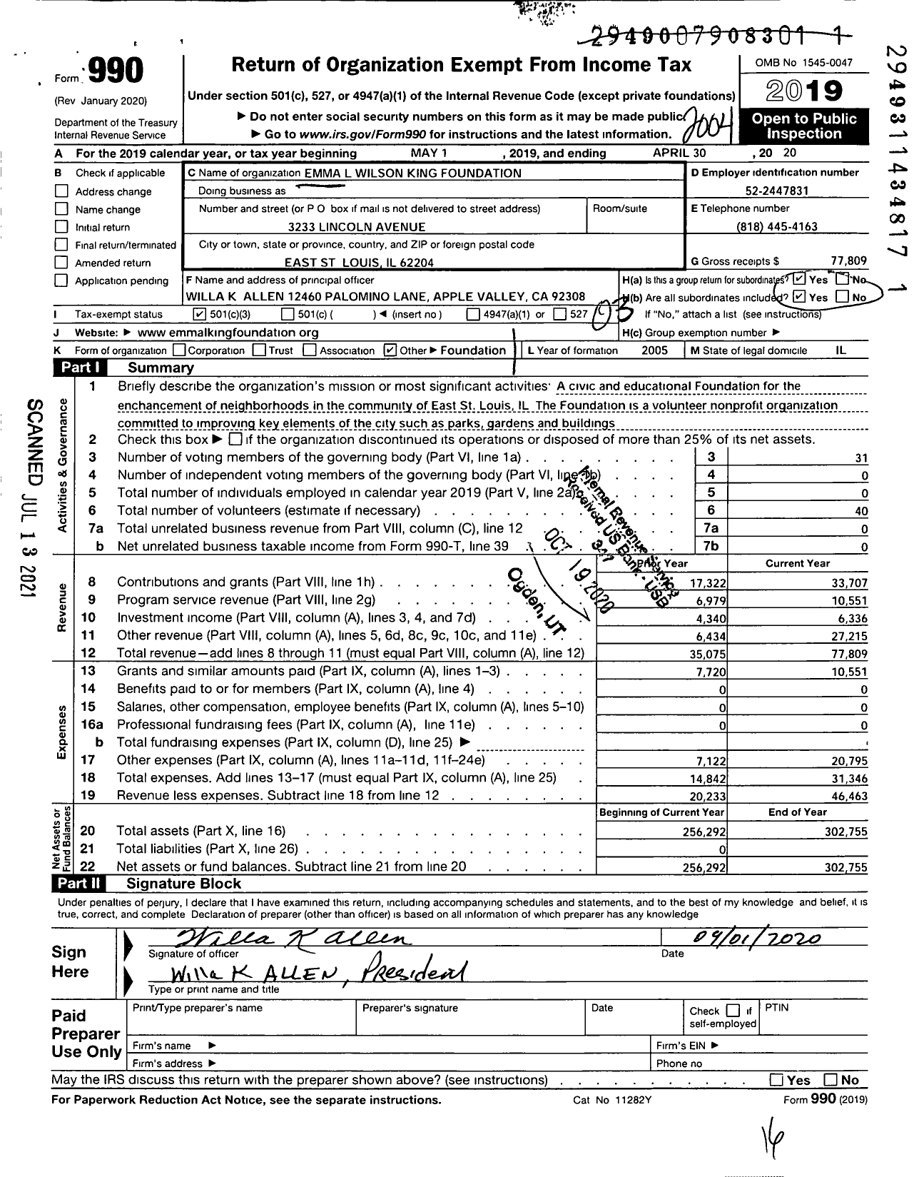 Image of first page of 2019 Form 990 for Emma L Wilson King Foundation