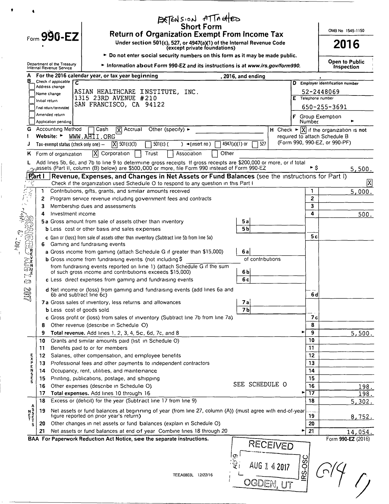 Image of first page of 2016 Form 990EZ for Asian Healthcare Institute