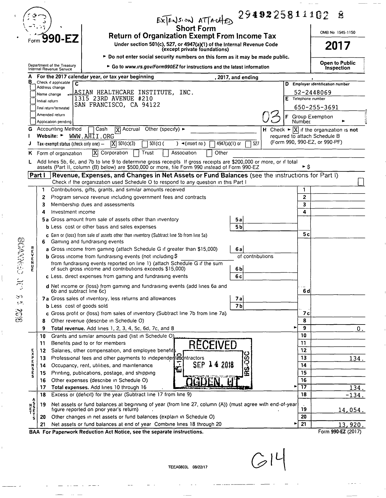 Image of first page of 2017 Form 990EZ for Asian Healthcare Institute