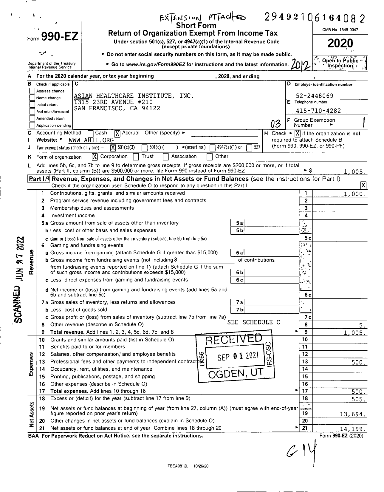 Image of first page of 2020 Form 990EZ for Asian Healthcare Institute