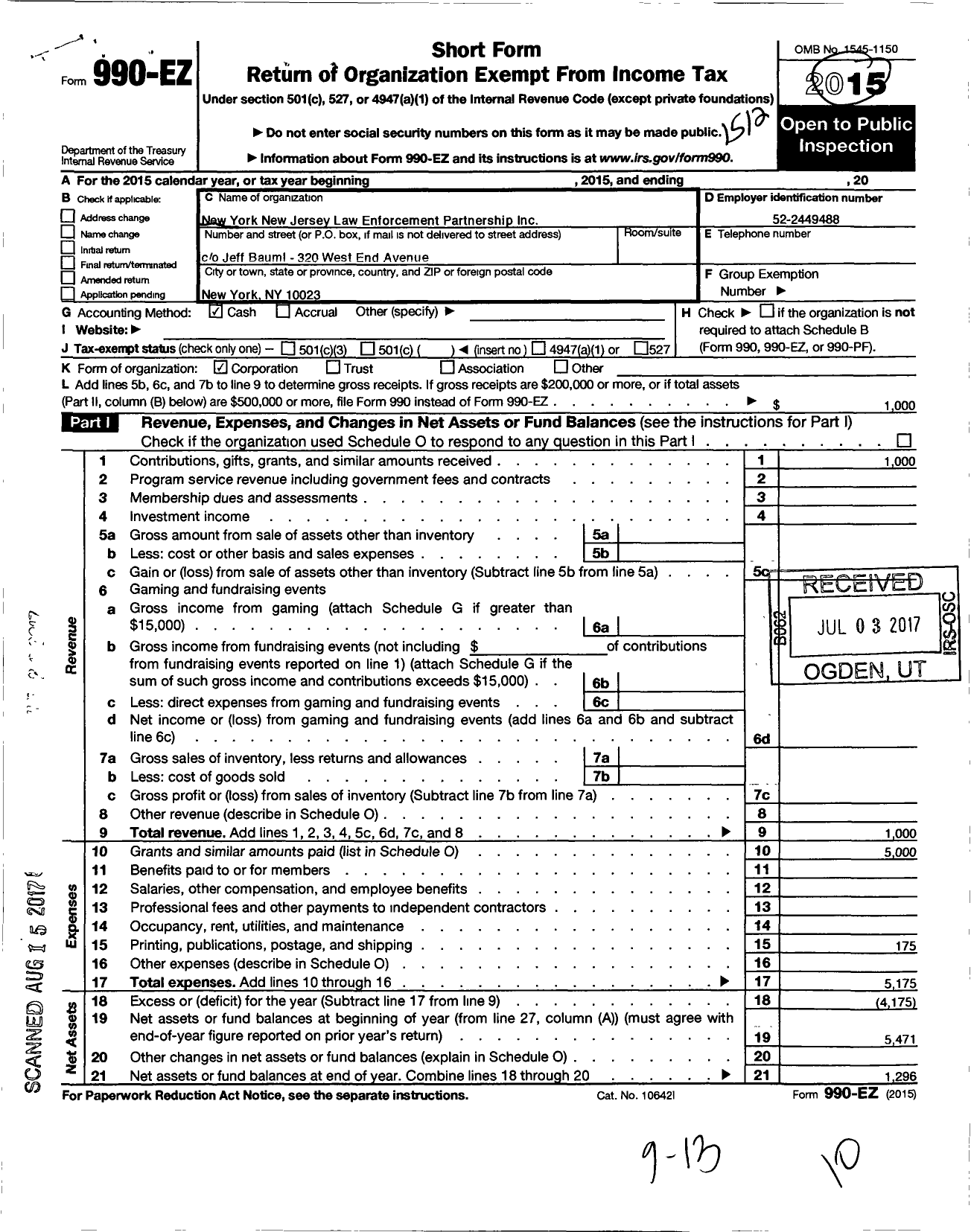 Image of first page of 2015 Form 990EO for New York New Jersey Law Enforcement Partnership