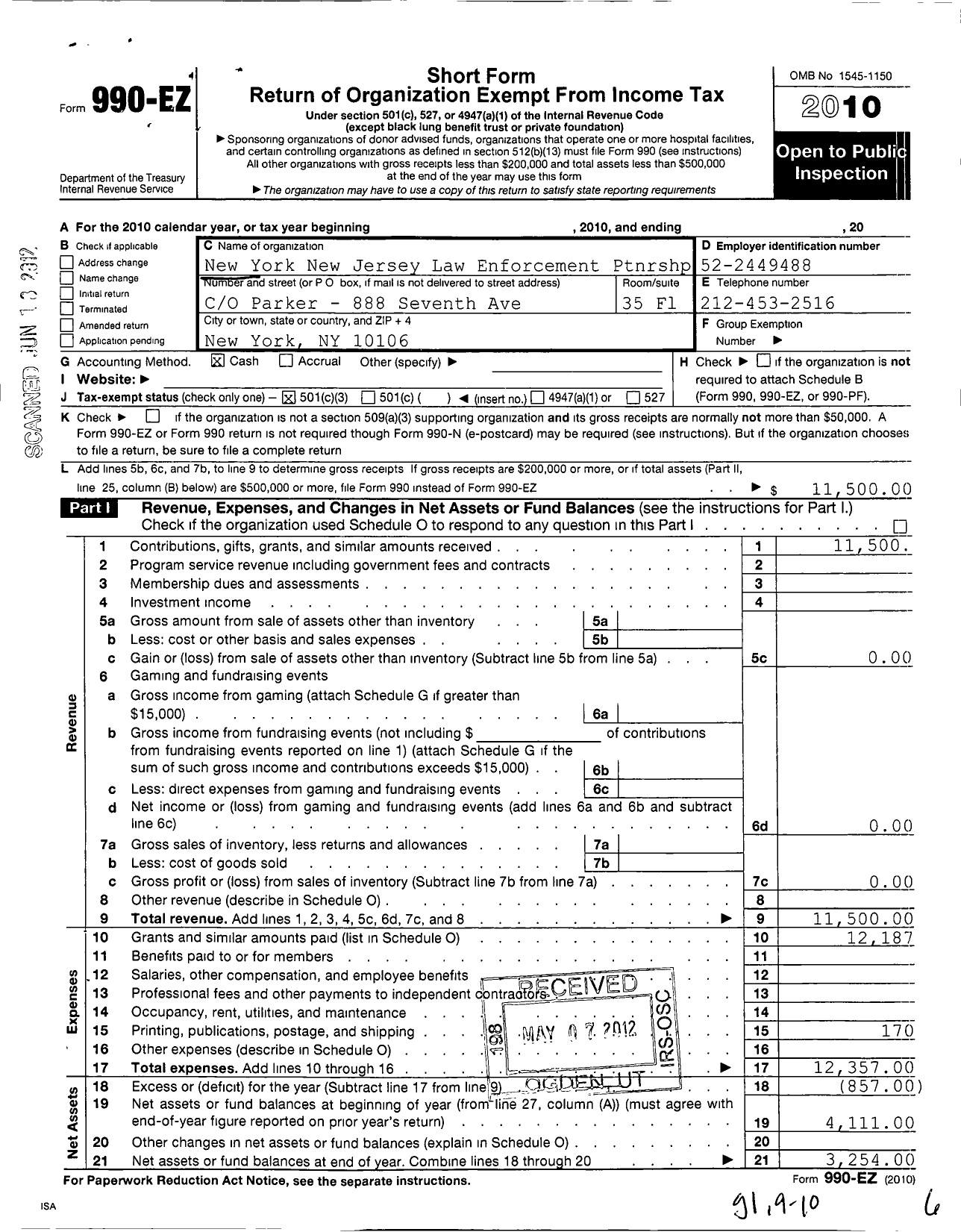 Image of first page of 2010 Form 990EZ for New York New Jersey Law Enforcement Partnership