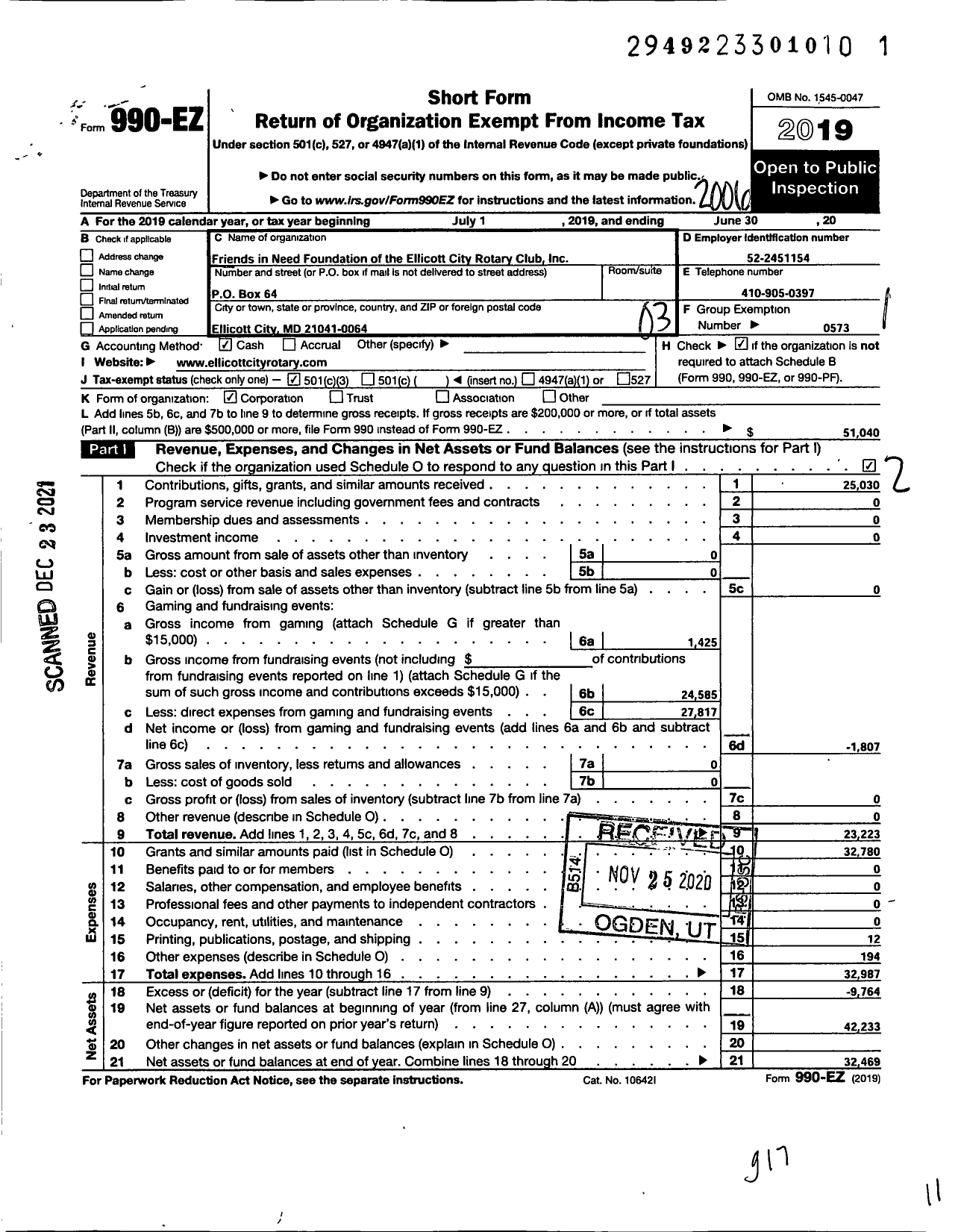 Image of first page of 2019 Form 990EZ for Friends in Need of Ellicott City Rotary Club