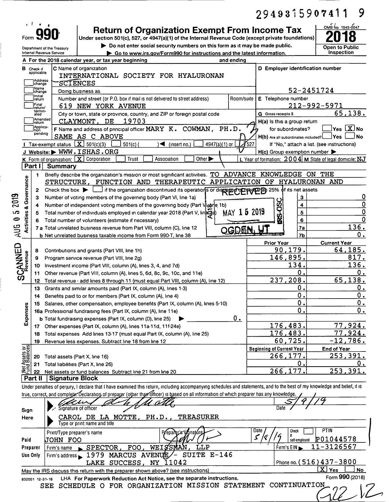 Image of first page of 2018 Form 990 for International Society for Hyaluronan Sciences