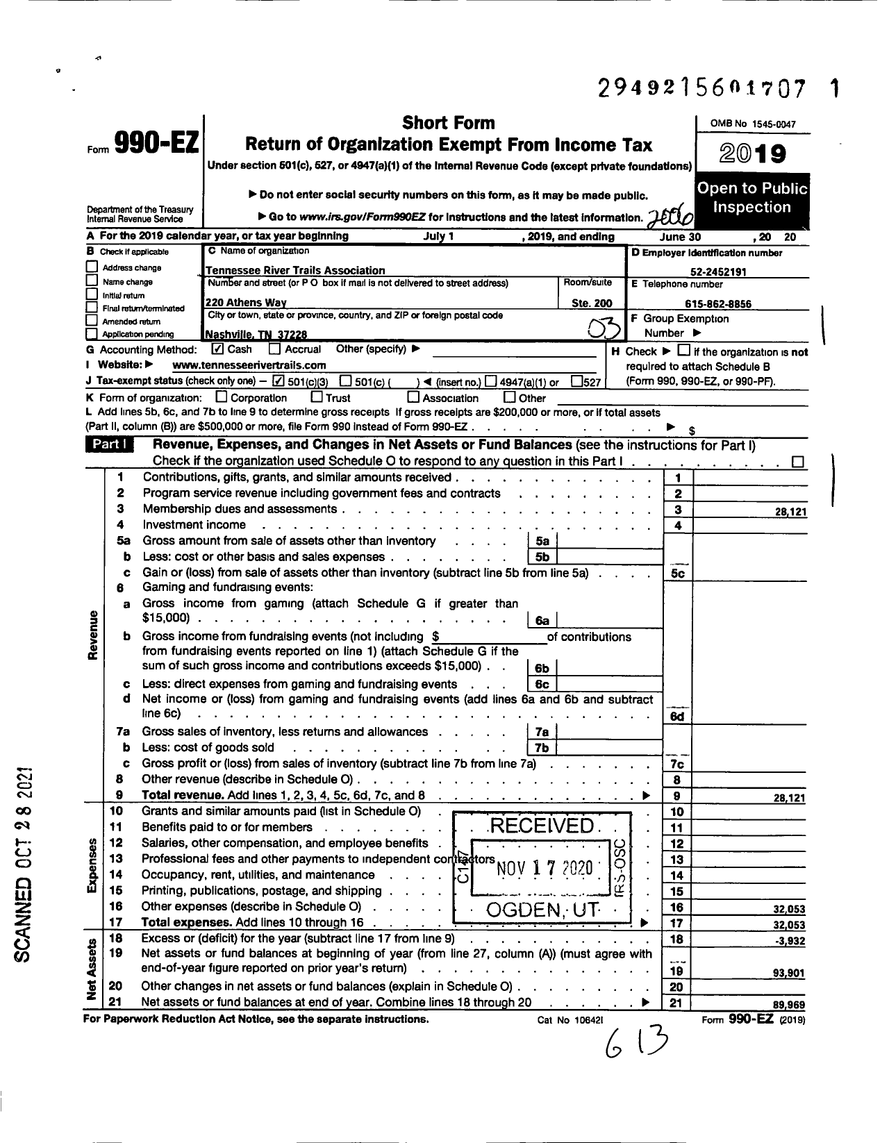 Image of first page of 2019 Form 990EZ for Tennessee River Trails Association