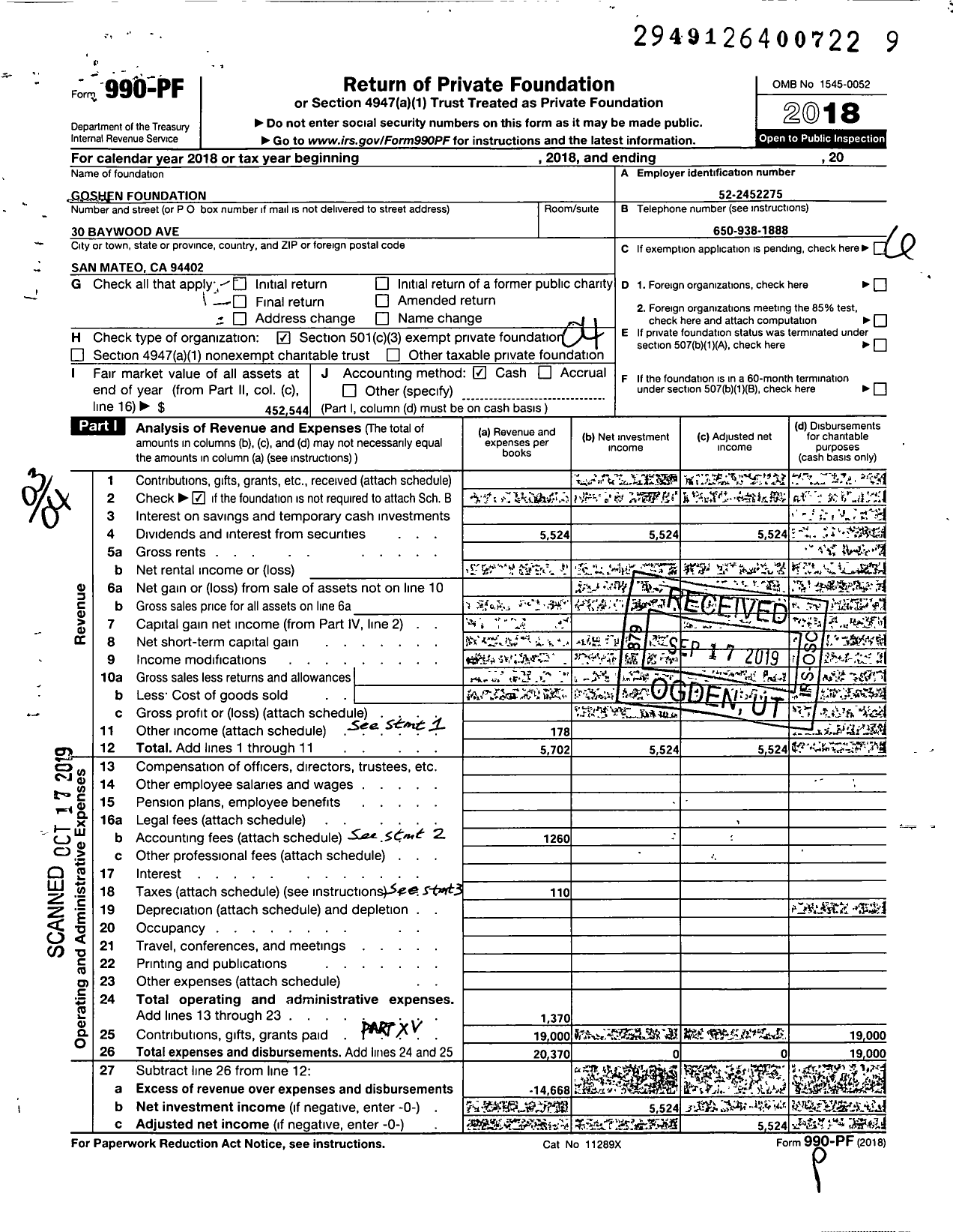 Image of first page of 2018 Form 990PF for Goshen Foundation