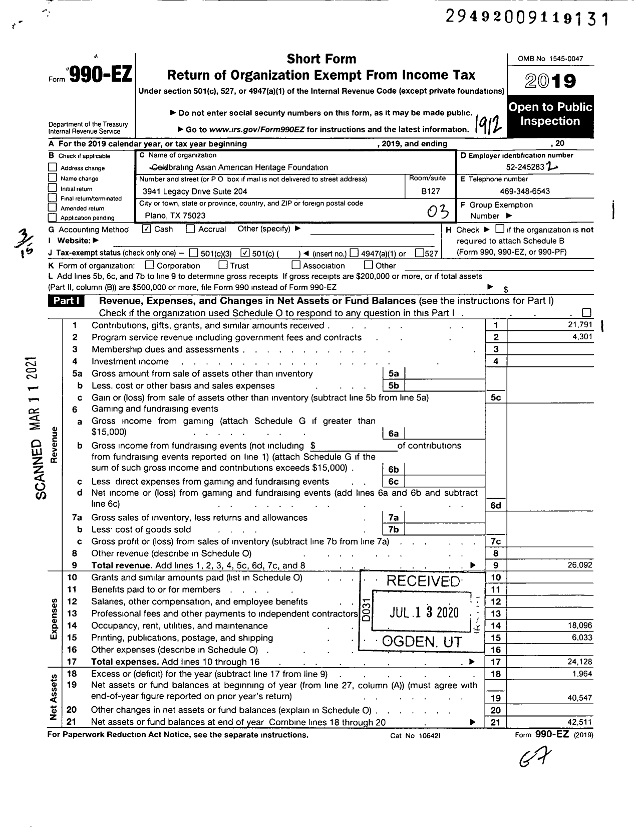 Image of first page of 2019 Form 990EZ for Celebrating Asian American Heritage Foundation