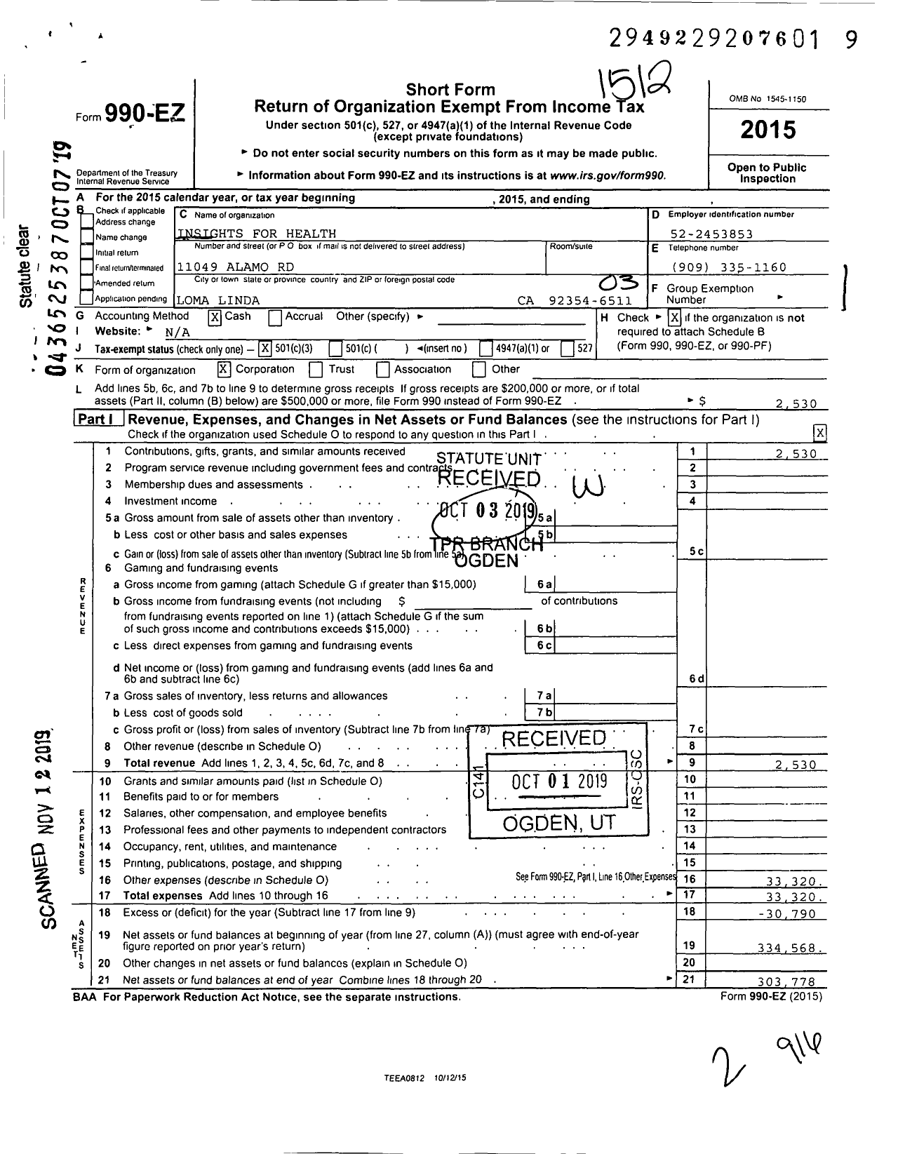 Image of first page of 2015 Form 990EZ for Insights For Health