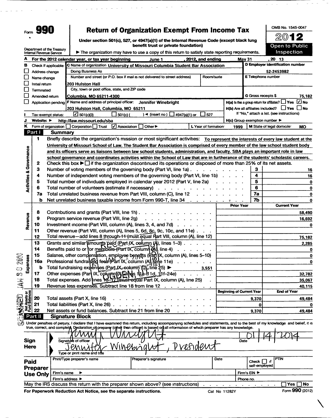 Image of first page of 2012 Form 990 for University of Missouri Columbia Student Bar Association