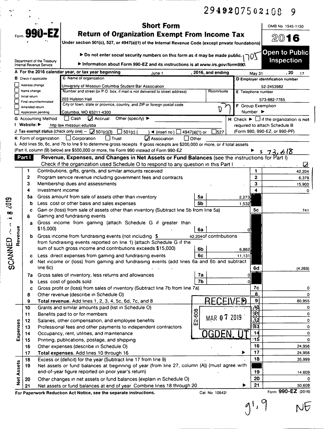 Image of first page of 2016 Form 990EZ for University of Missouri Columbia Student Bar Association