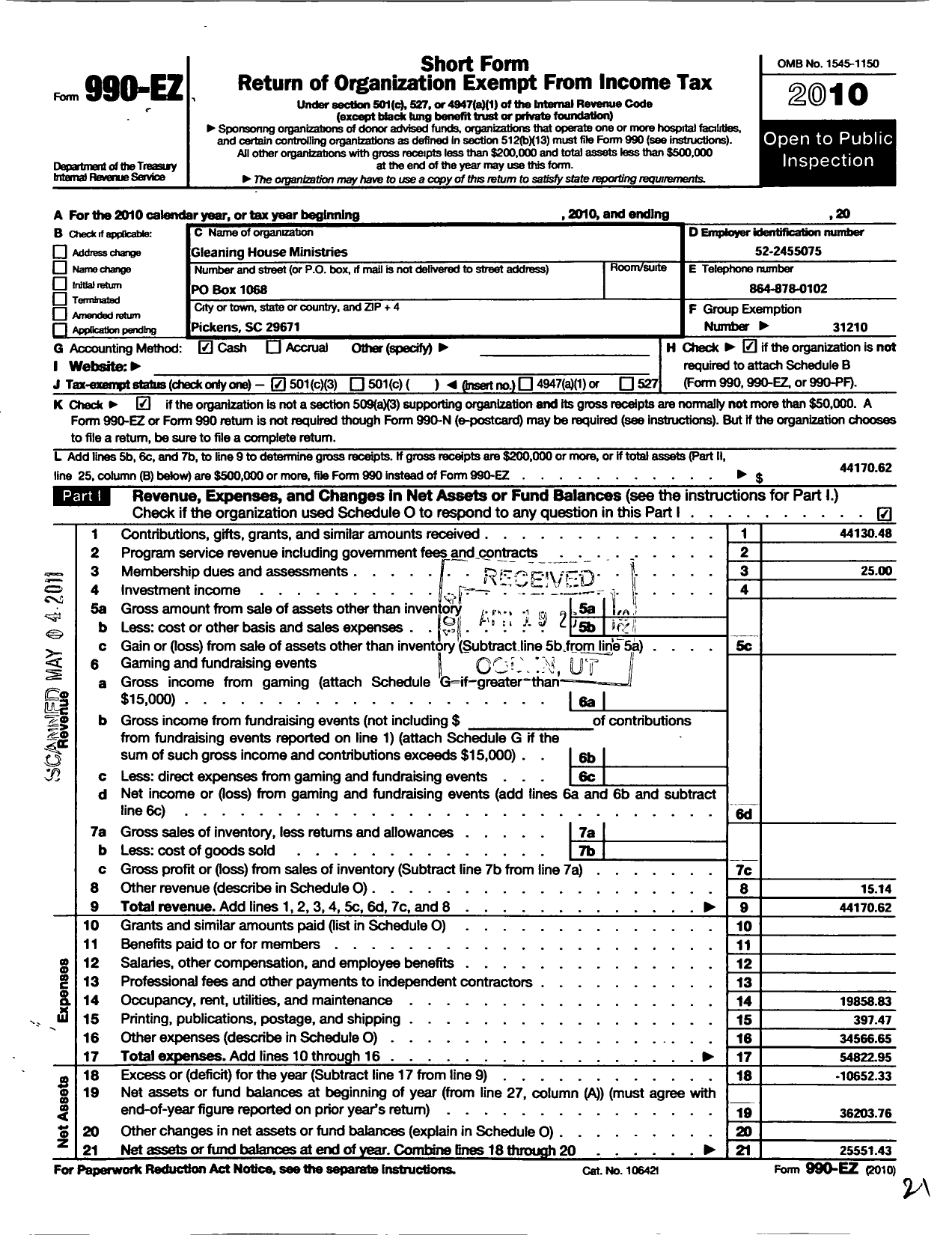 Image of first page of 2010 Form 990EZ for Gleaning House Ministries