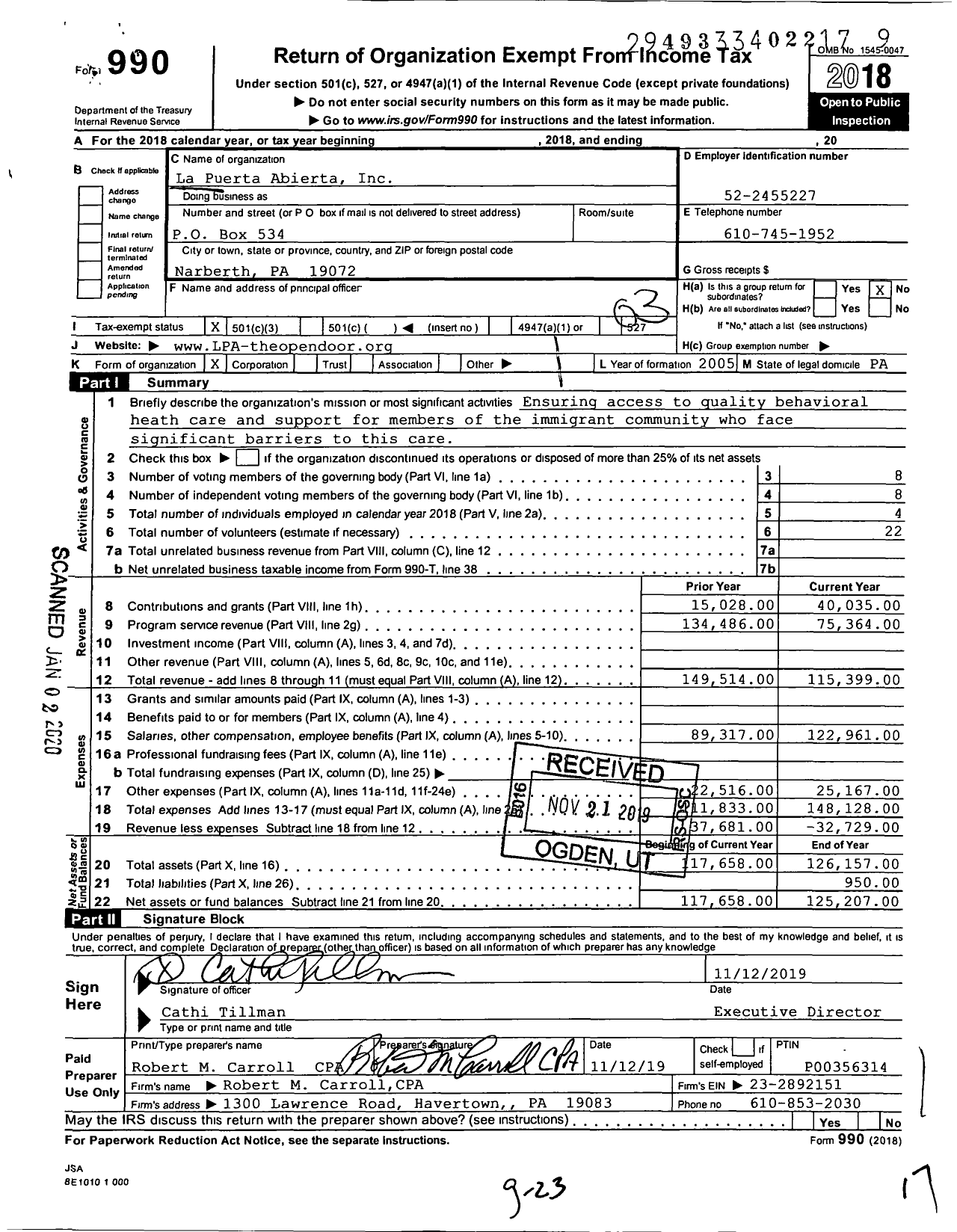 Image of first page of 2018 Form 990 for La Puerta Abierta