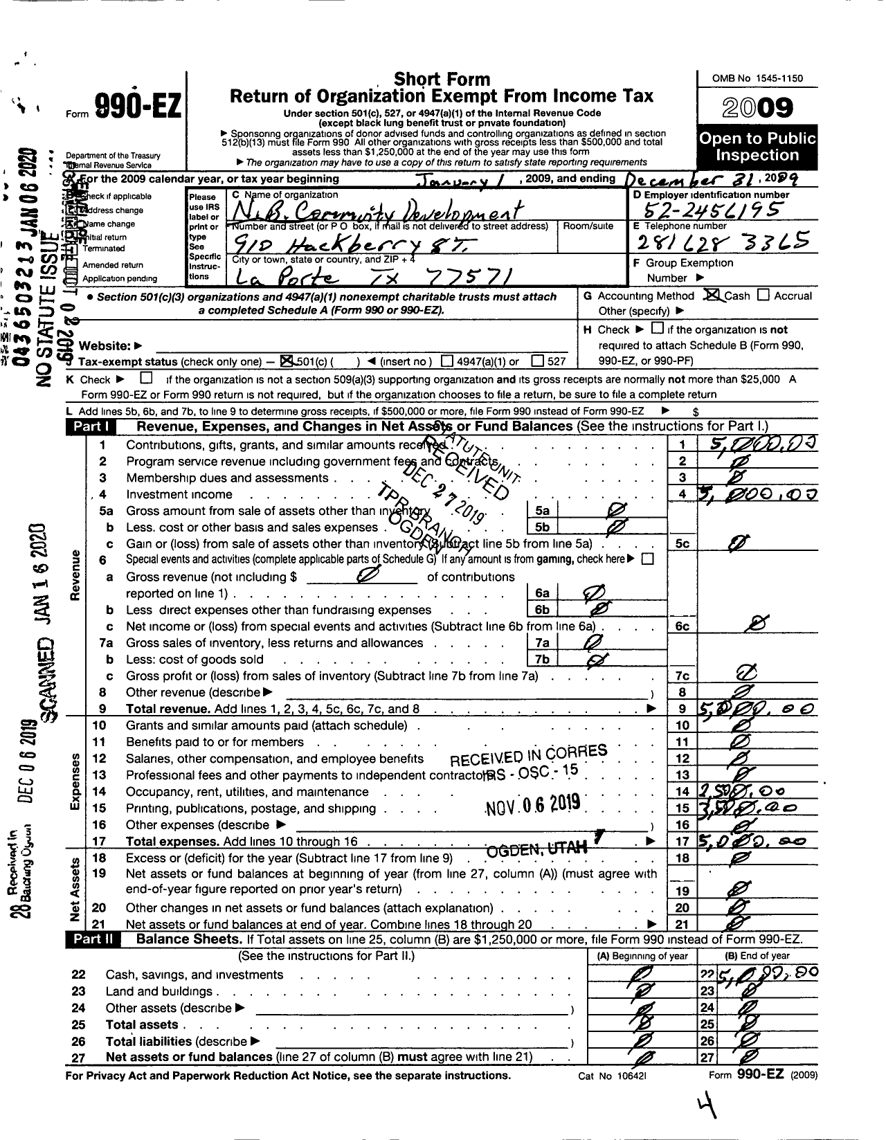 Image of first page of 2009 Form 990EOA for NB Community Development Corporation