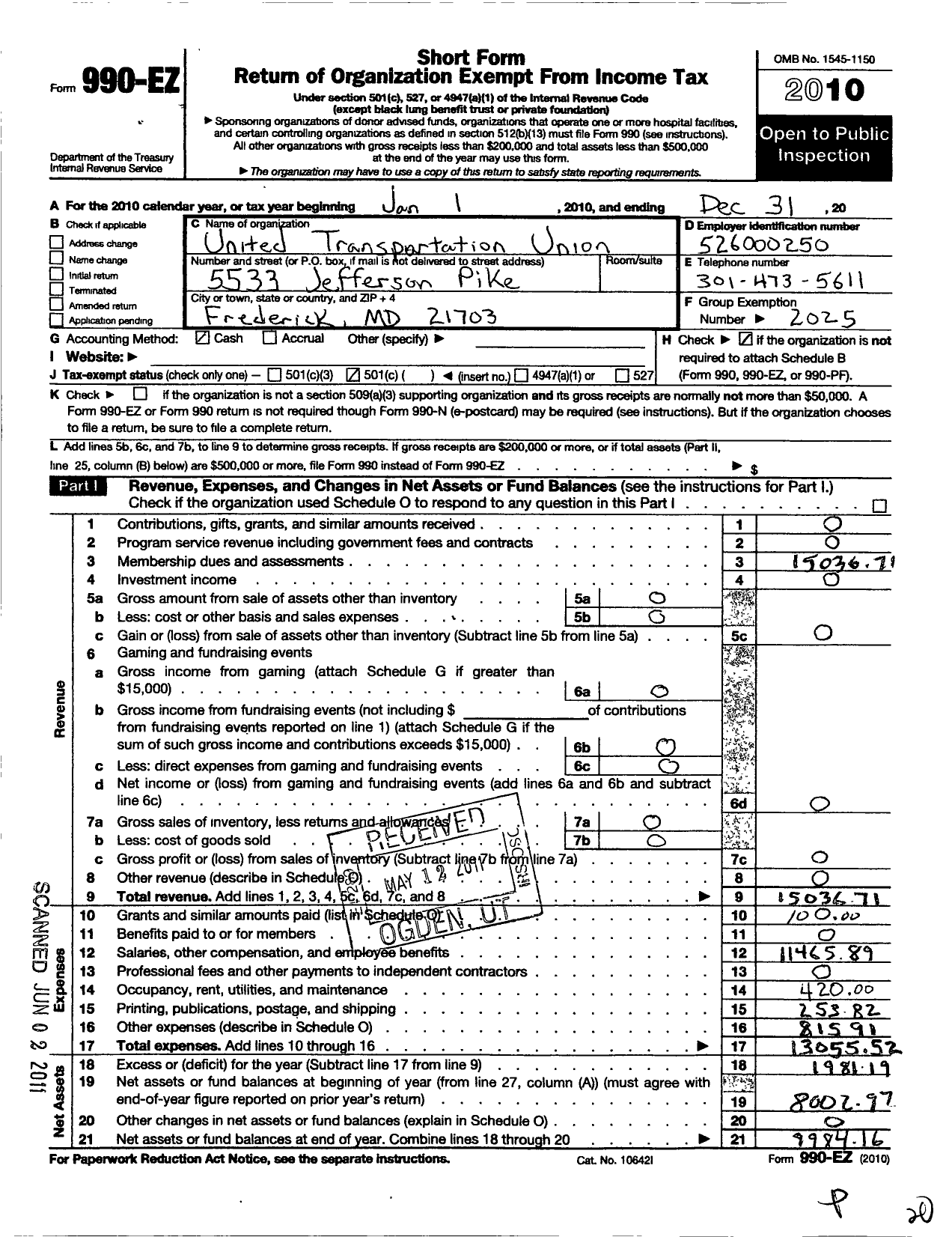 Image of first page of 2010 Form 990EO for Smart Union - 631 TD