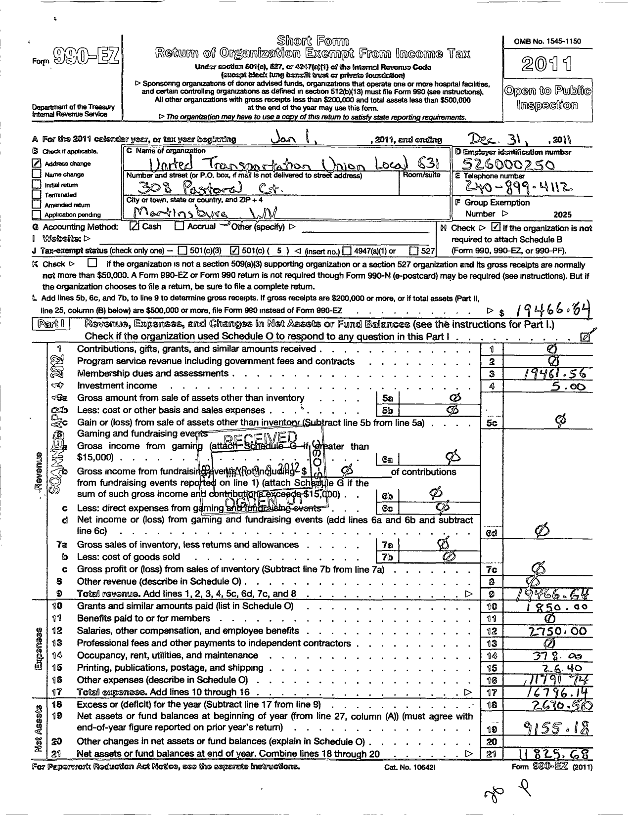 Image of first page of 2011 Form 990EO for Smart Union - 631 TD