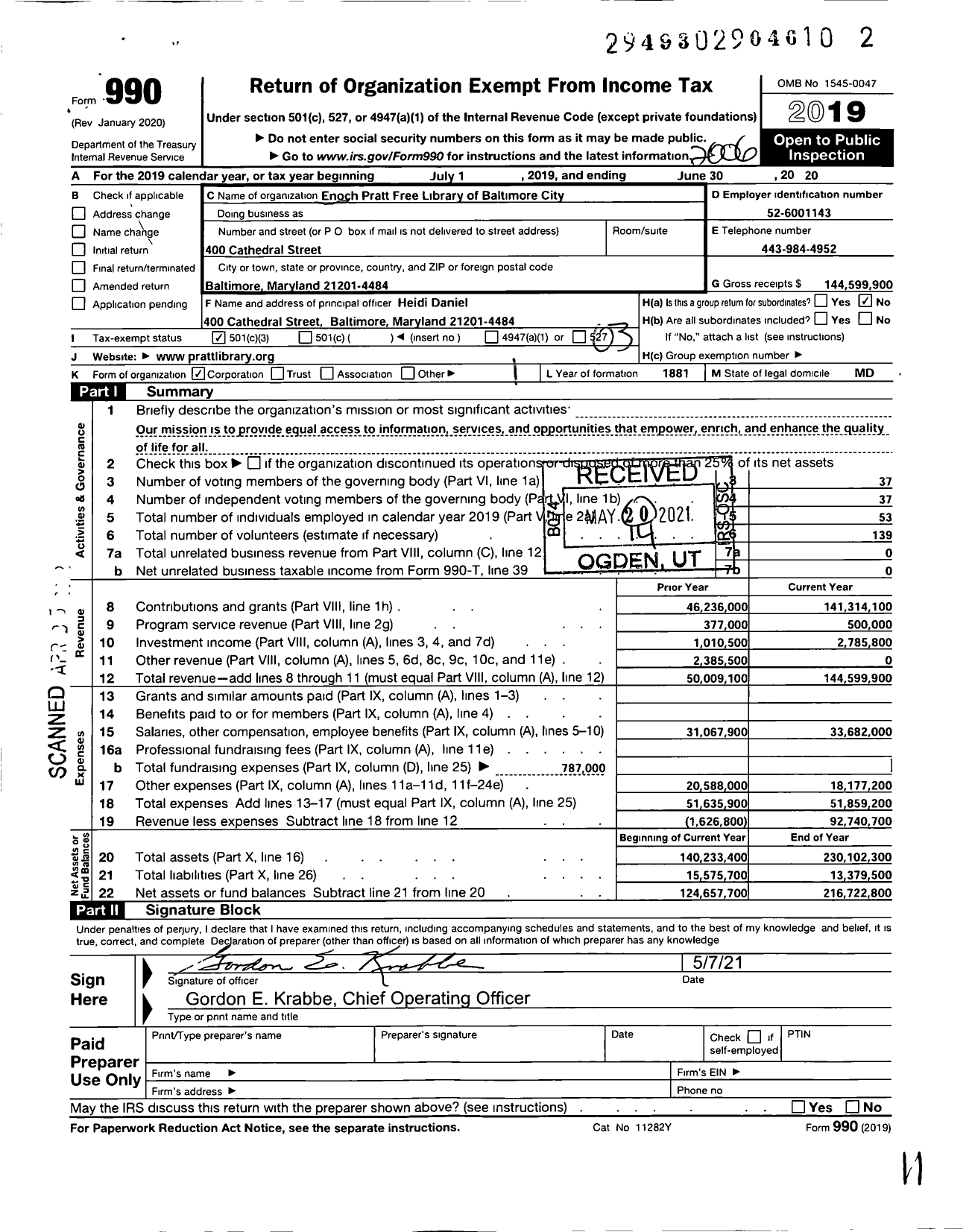 Image of first page of 2019 Form 990 for Enoch Pratt Free Library