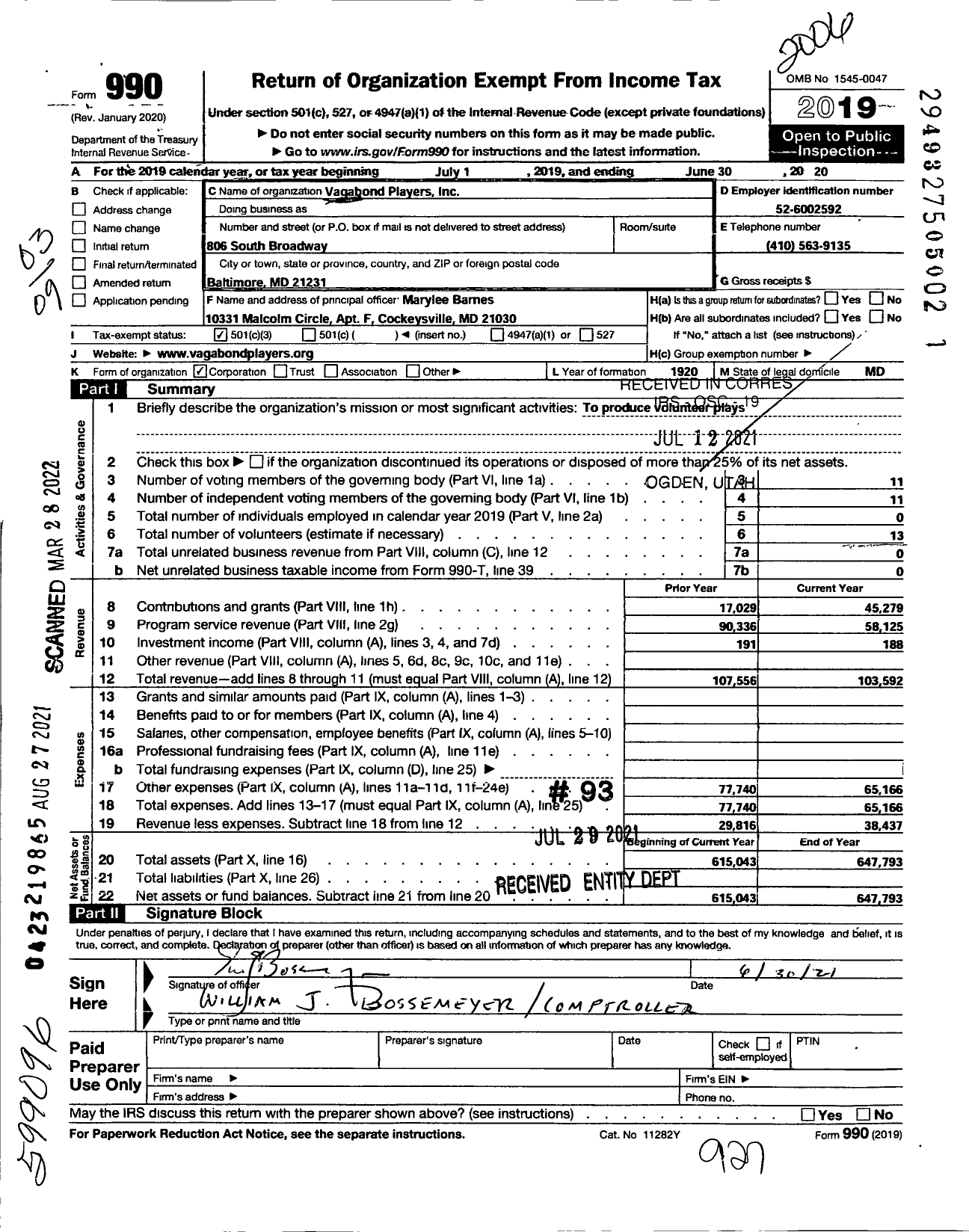 Image of first page of 2019 Form 990 for Vagabond Players