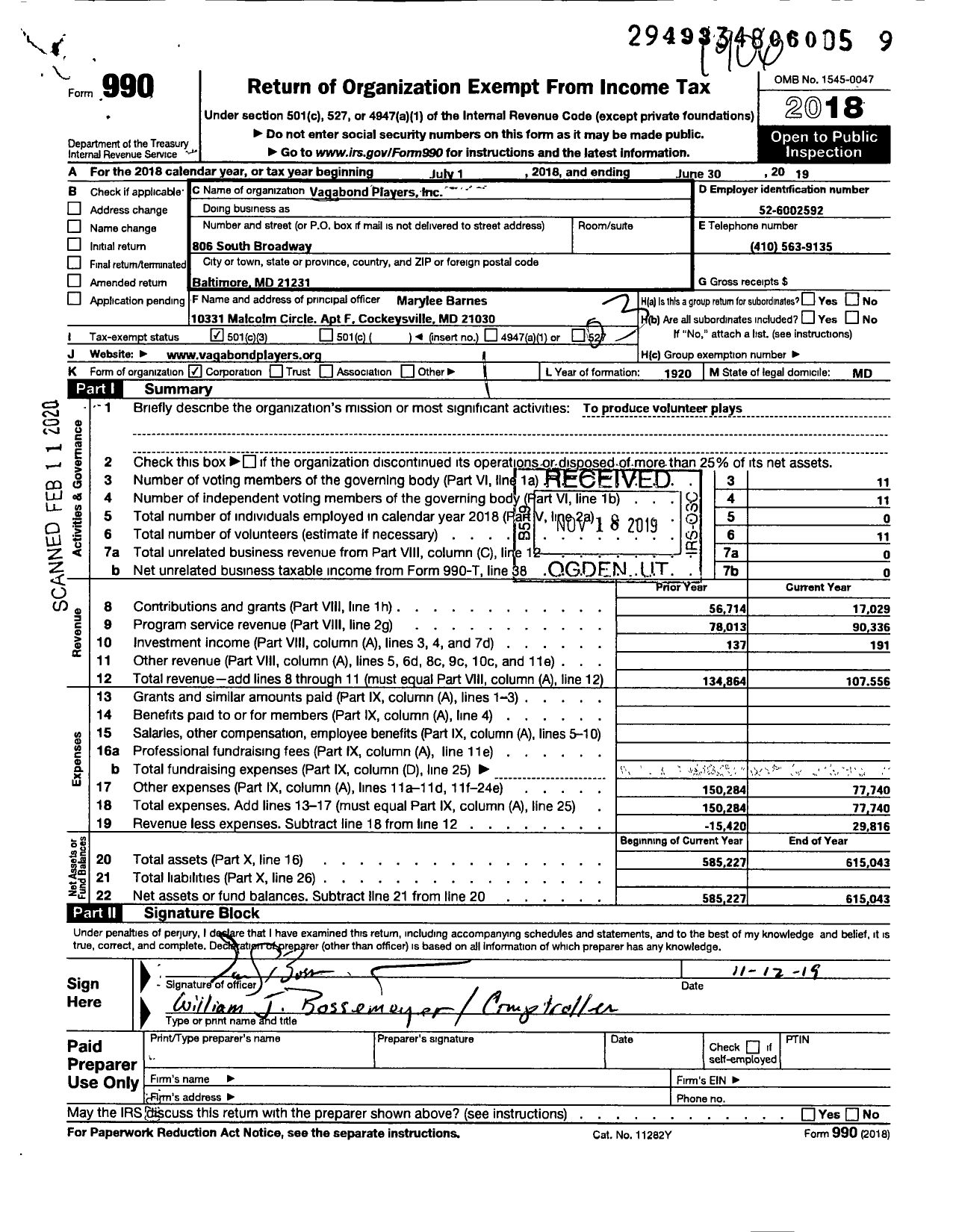 Image of first page of 2018 Form 990 for Vagabond Players