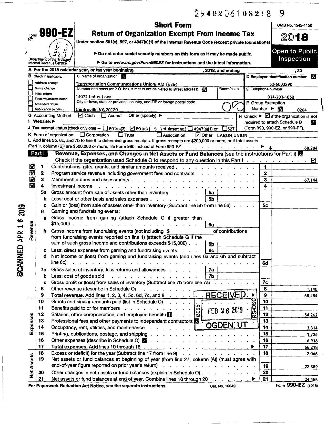 Image of first page of 2018 Form 990EO for Transportation-Communications Union / T6364 Lodge