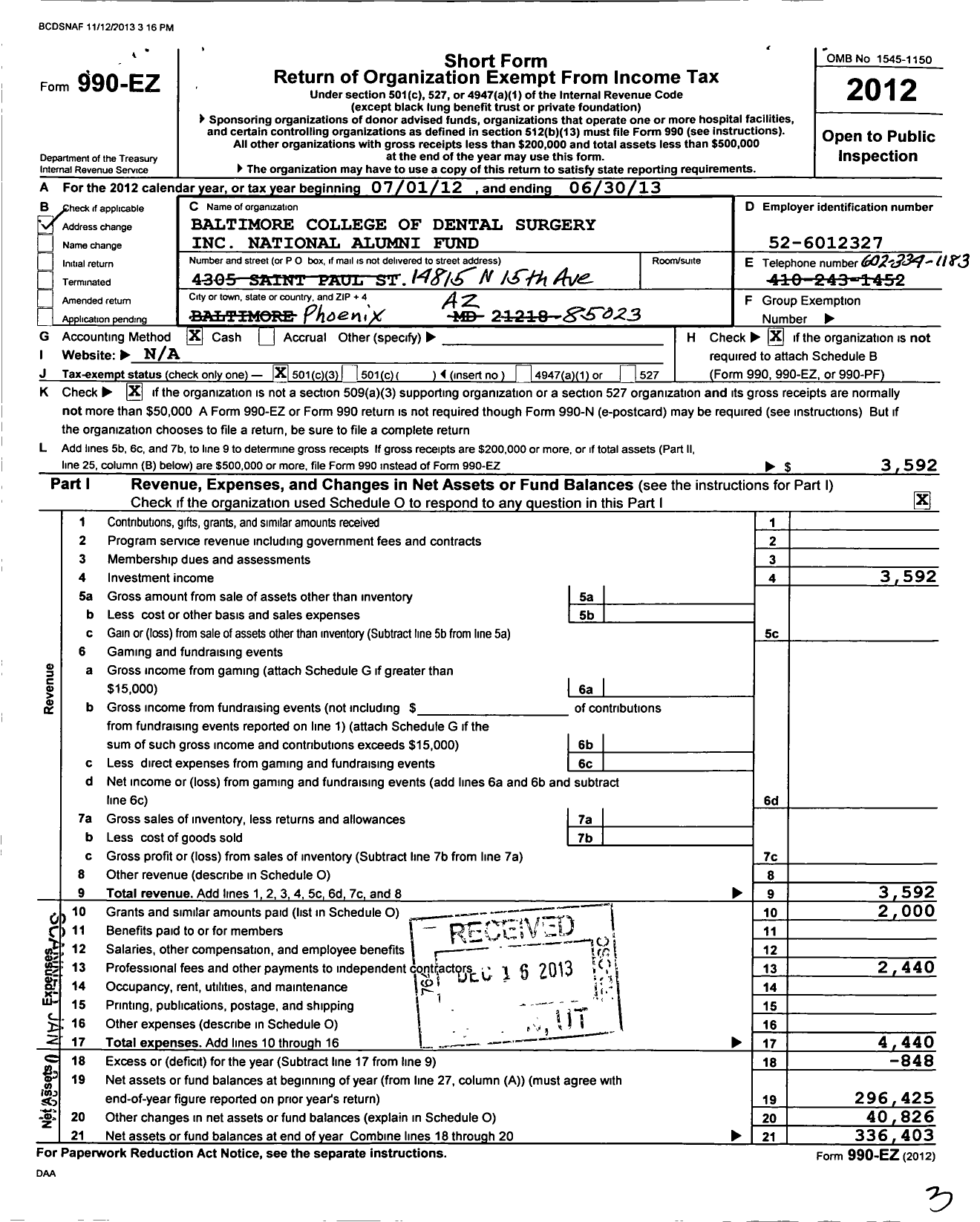 Image of first page of 2012 Form 990EZ for Baltimore College of Dental Surgery National Alumni Fund