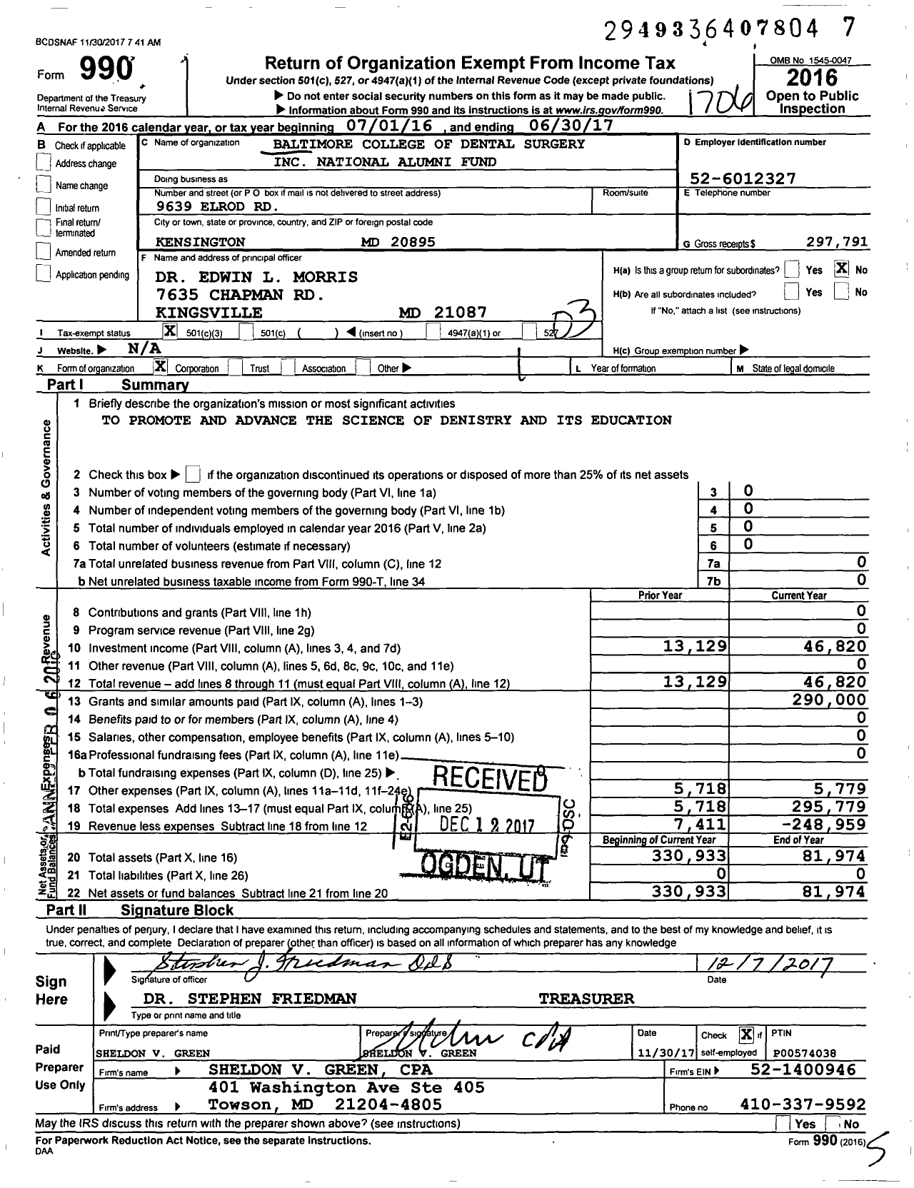 Image of first page of 2016 Form 990 for Baltimore College of Dental Surgery National Alumni Fund