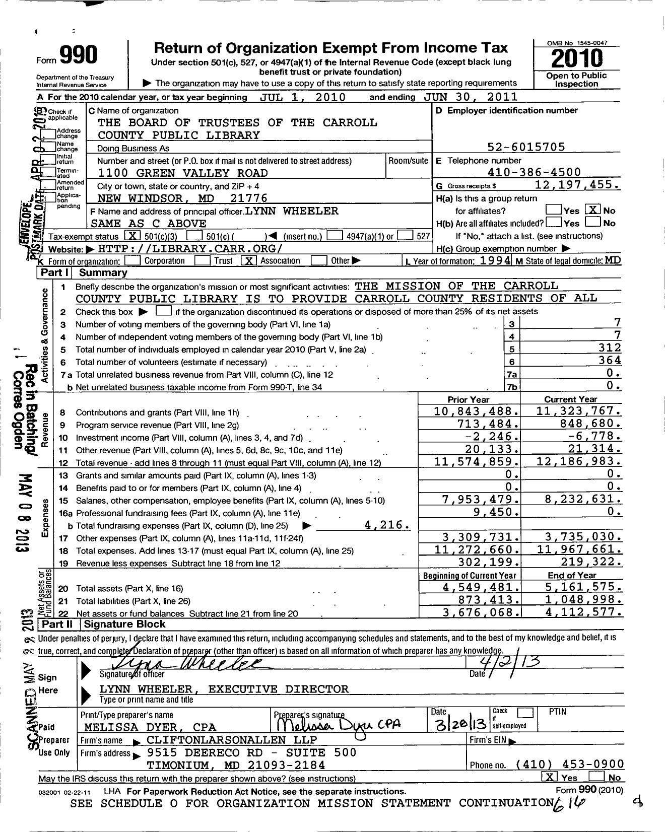 Image of first page of 2010 Form 990 for The Board of Trustees of the Carroll County Public Library