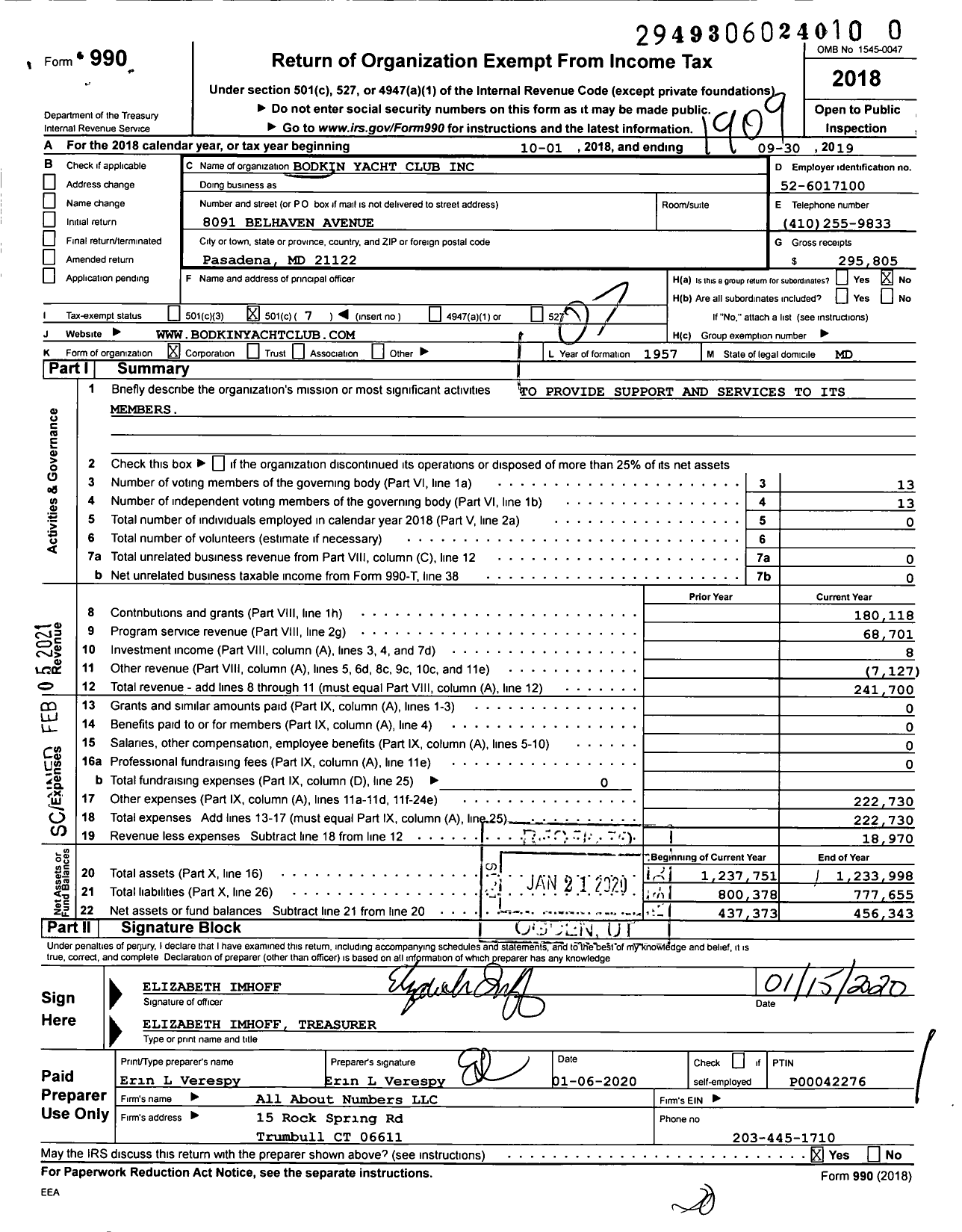 Image of first page of 2018 Form 990O for Bodkin Yacht Club